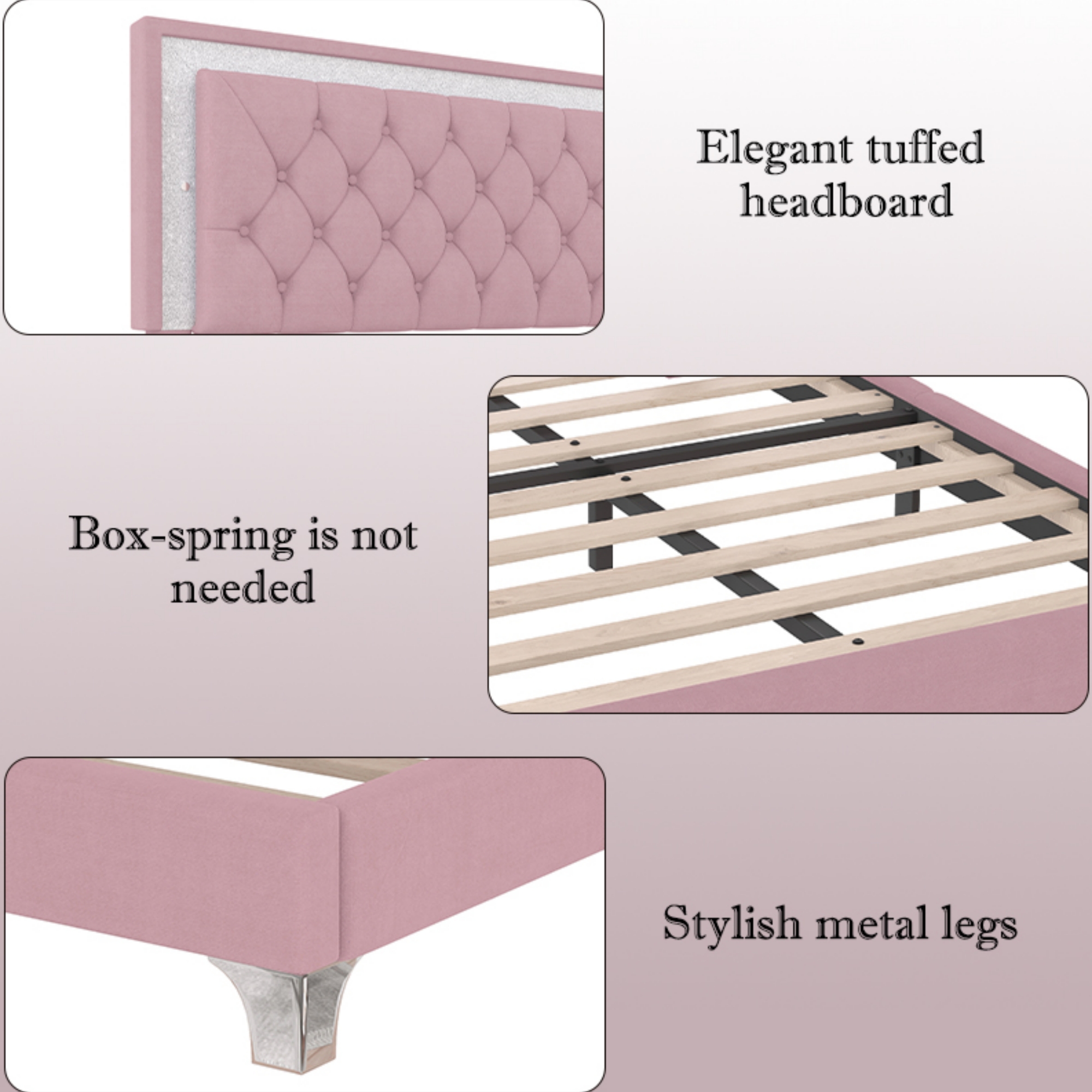 Queen Size Upholstered Bed Frame with LED Lights,Modern Velvet Platform Bed with Tufted Headboard,Pink - Image 5