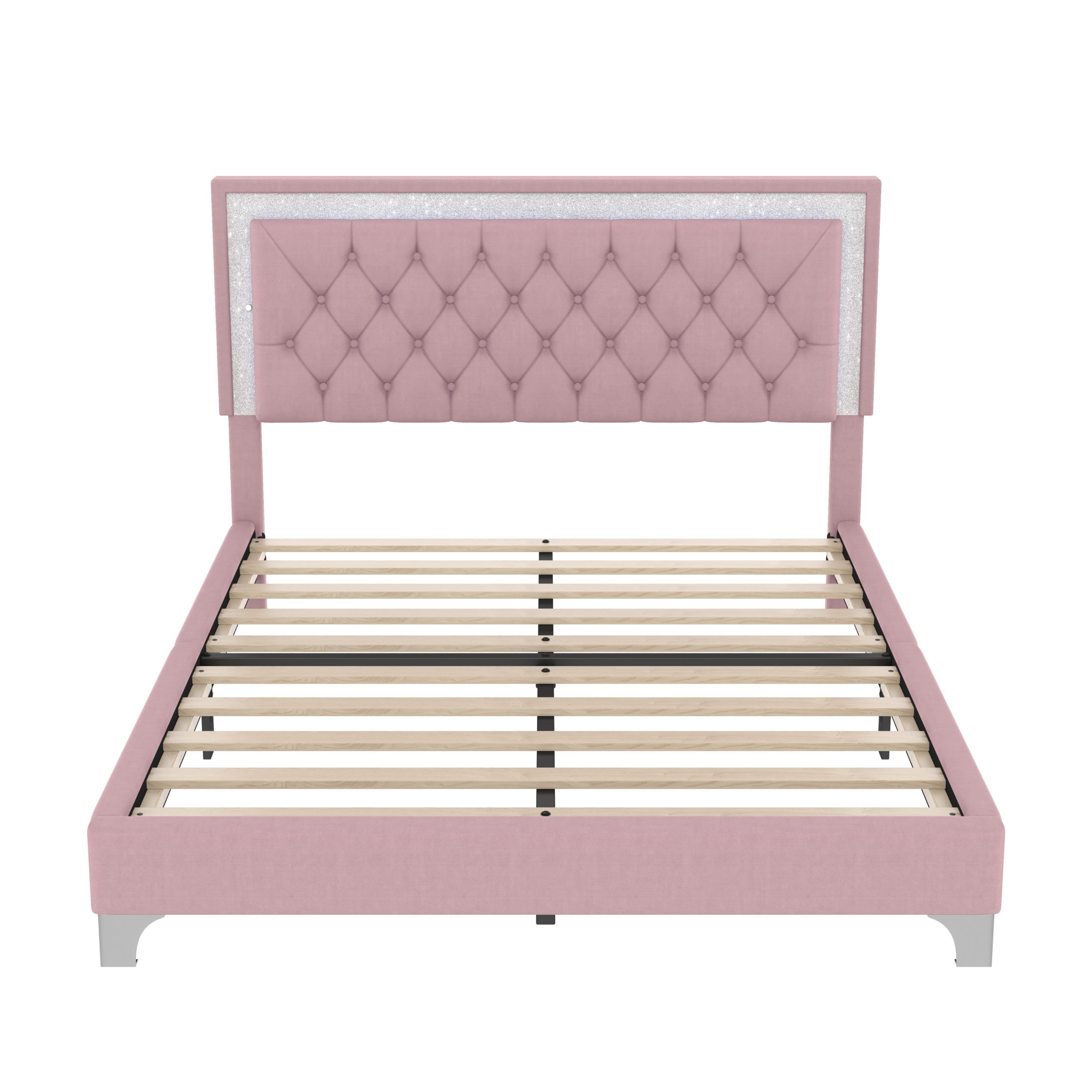 Queen Size Upholstered Bed Frame with LED Lights,Modern Velvet Platform Bed with Tufted Headboard,Pink - Image 6