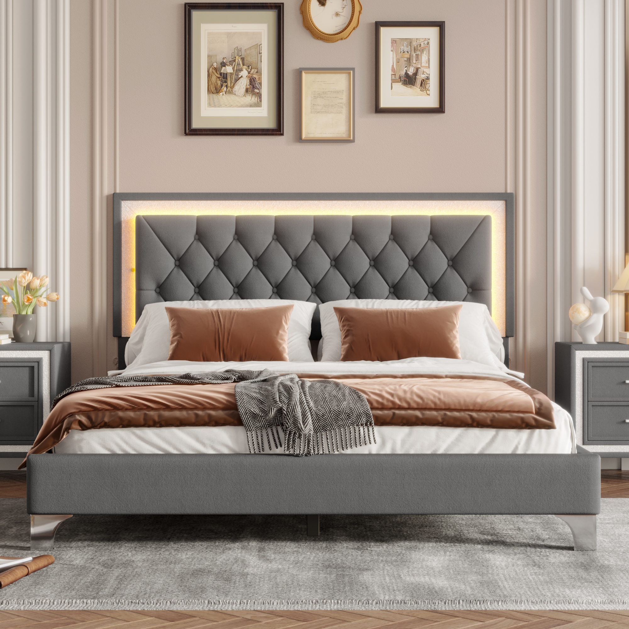 Queen Size Upholstered Bed Frame with LED Lights,Modern Velvet Platform Bed with Tufted Headboard,Gray - Image 1