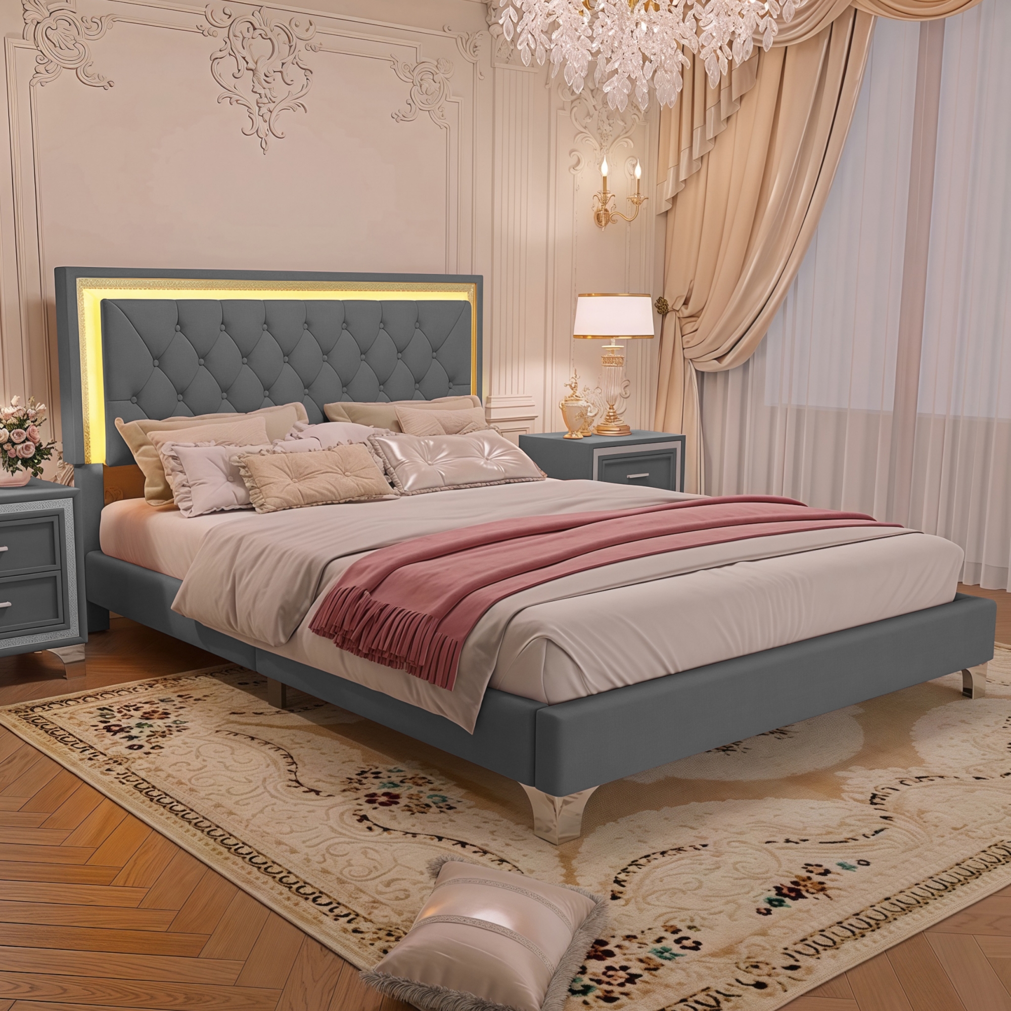 Queen Size Upholstered Bed Frame with LED Lights,Modern Velvet Platform Bed with Tufted Headboard,Gray - Image 2