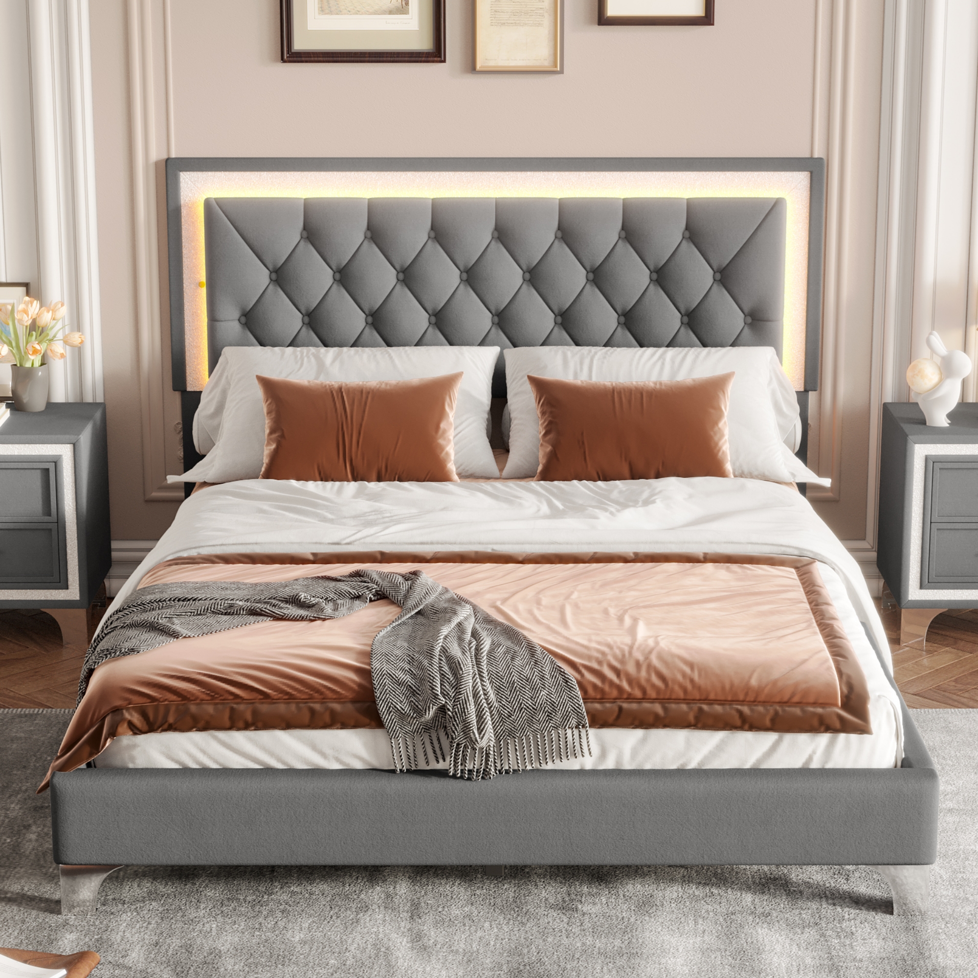 Queen Size Upholstered Bed Frame with LED Lights,Modern Velvet Platform Bed with Tufted Headboard,Gray - Image 3