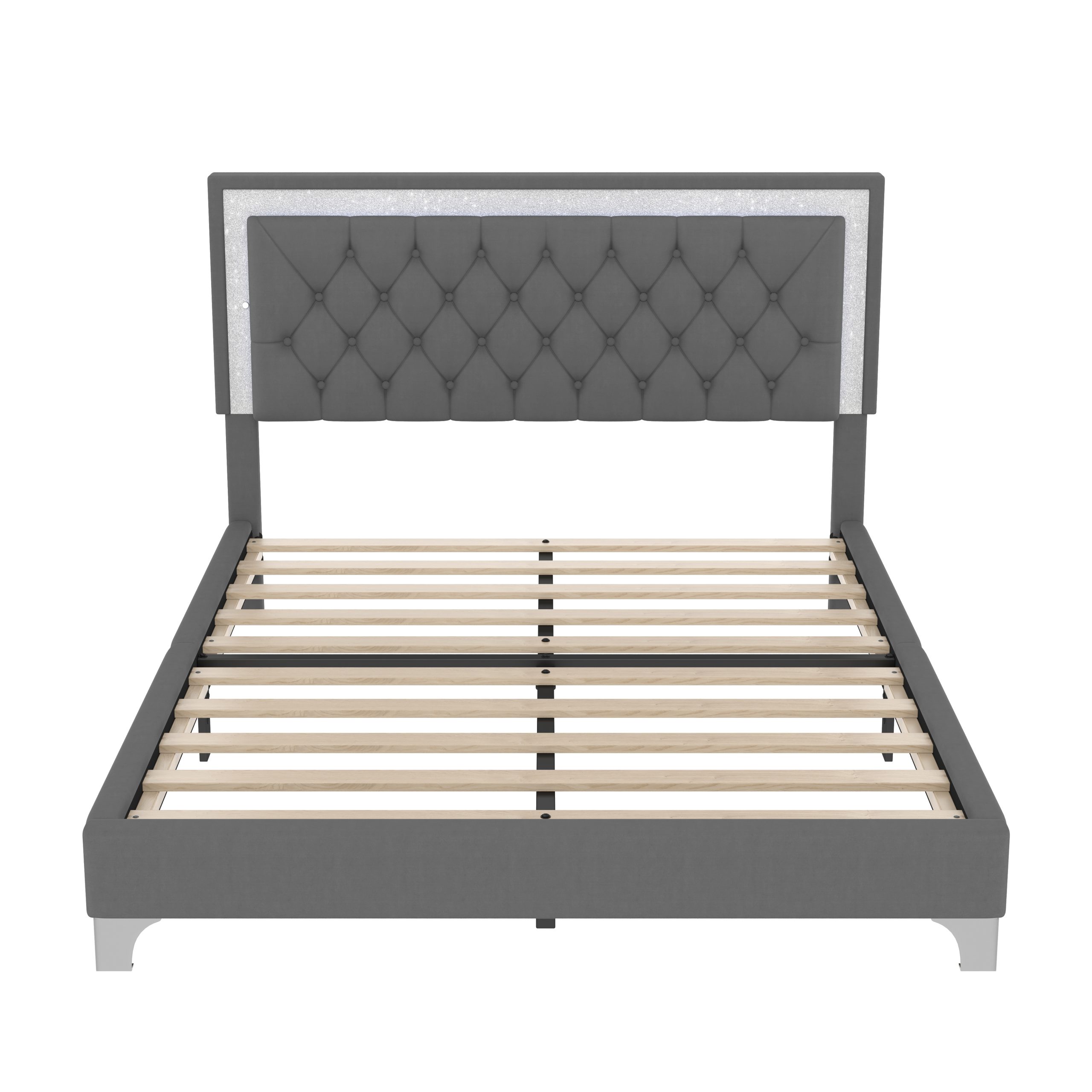 Queen Size Upholstered Bed Frame with LED Lights,Modern Velvet Platform Bed with Tufted Headboard,Gray - Image 6