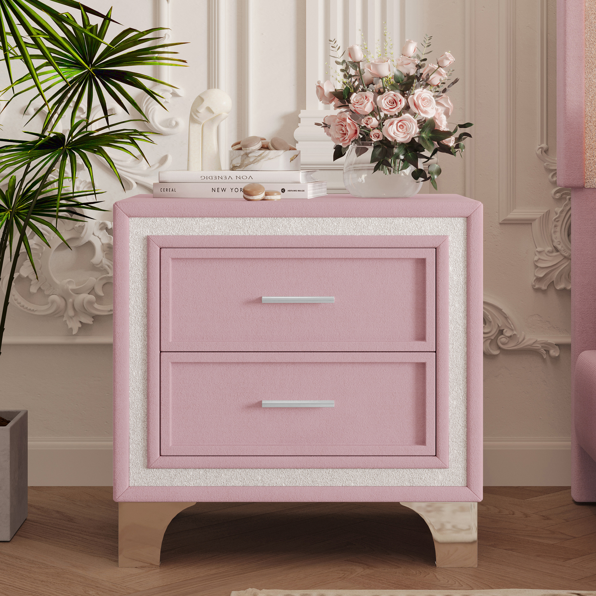 Mid Century Vintage Nightstand with Silver Glitter Strip Decor and Metal Legs, Velvet Bedside Table with 2 Drawers, Fully Assembled Except Legs and Handles, Pink