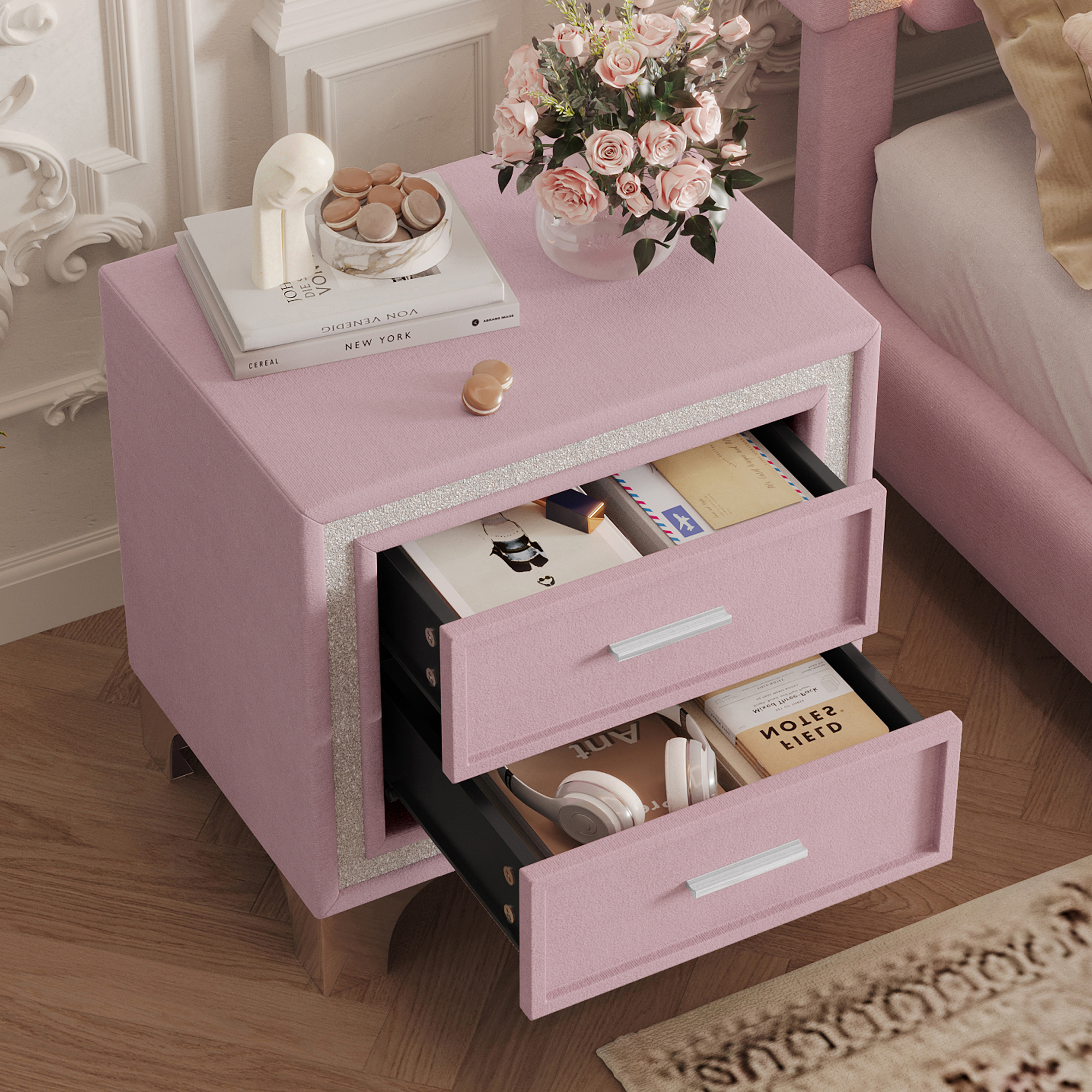 Mid Century Vintage Nightstand with Silver Glitter Strip Decor and Metal Legs, Velvet Bedside Table with 2 Drawers, Fully Assembled Except Legs and Handles, Pink - Image 2