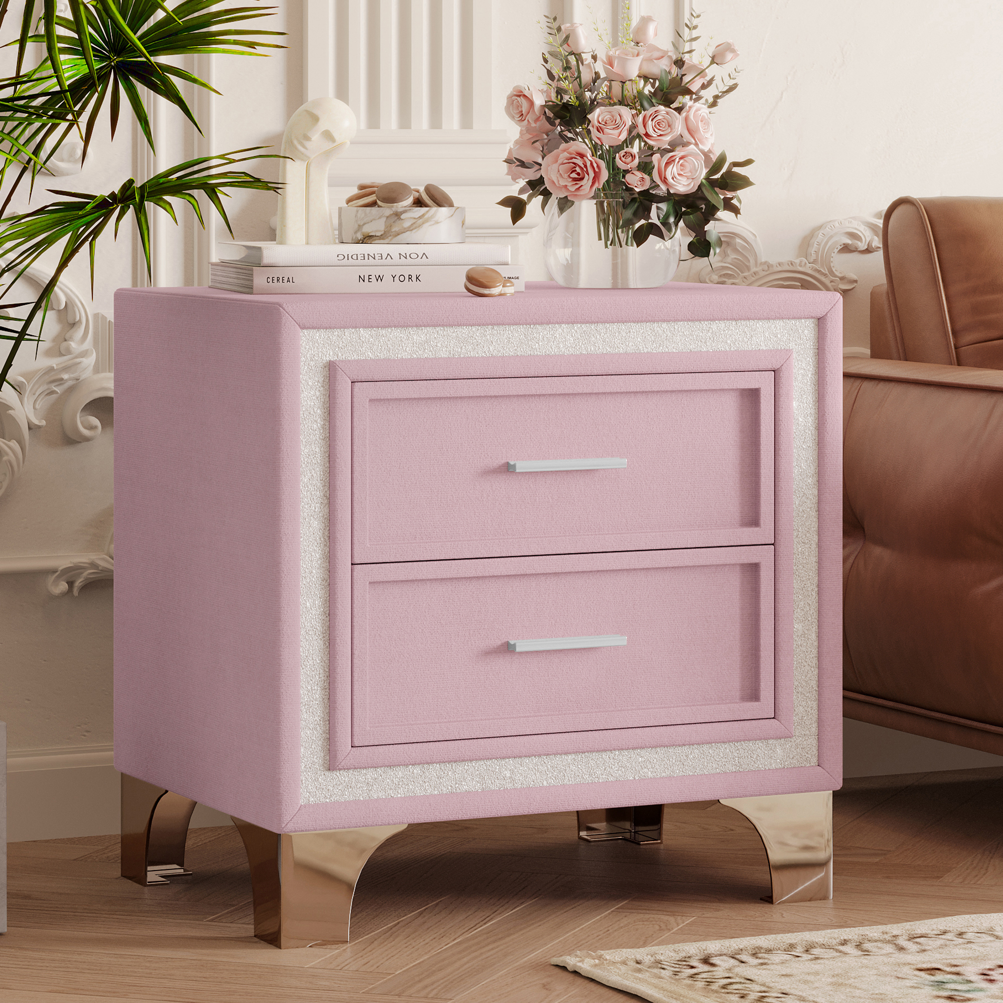Mid Century Vintage Nightstand with Silver Glitter Strip Decor and Metal Legs, Velvet Bedside Table with 2 Drawers, Fully Assembled Except Legs and Handles, Pink - Image 3