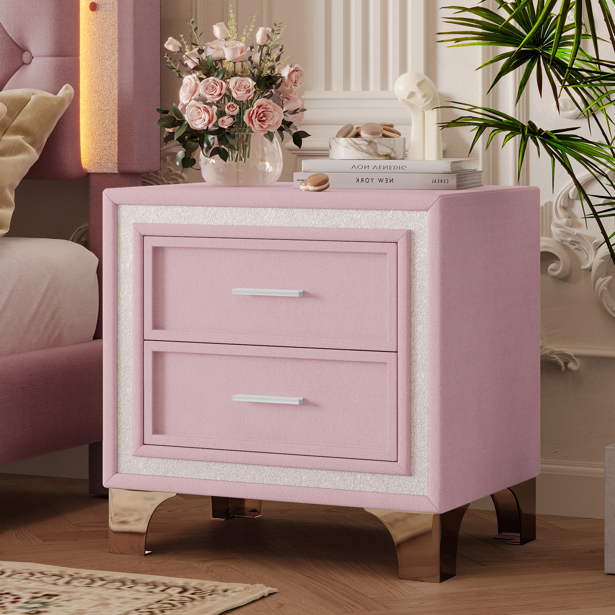 Mid Century Vintage Nightstand with Silver Glitter Strip Decor and Metal Legs, Velvet Bedside Table with 2 Drawers, Fully Assembled Except Legs and Handles, Pink - Image 4