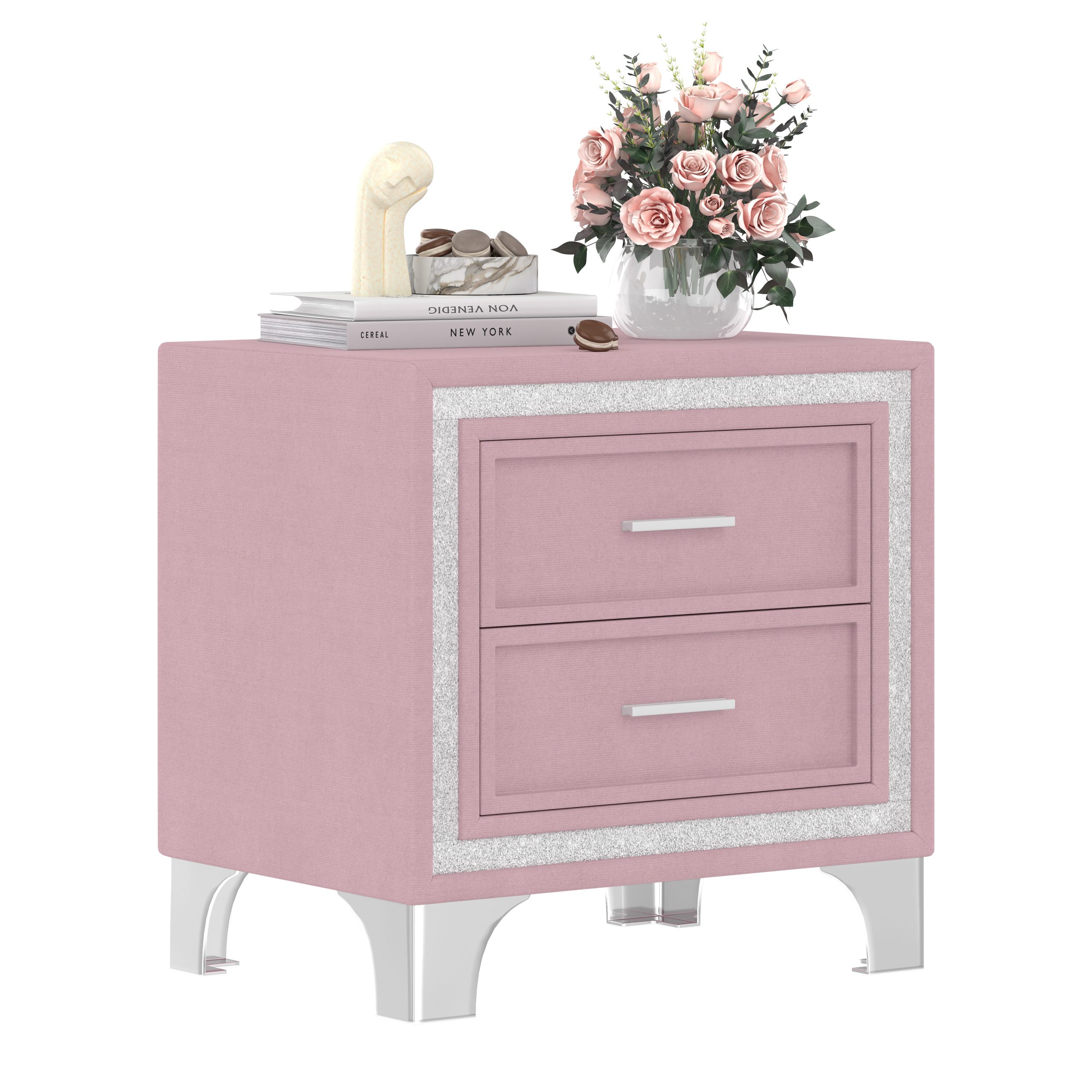 Mid Century Vintage Nightstand with Silver Glitter Strip Decor and Metal Legs, Velvet Bedside Table with 2 Drawers, Fully Assembled Except Legs and Handles, Pink - Image 5