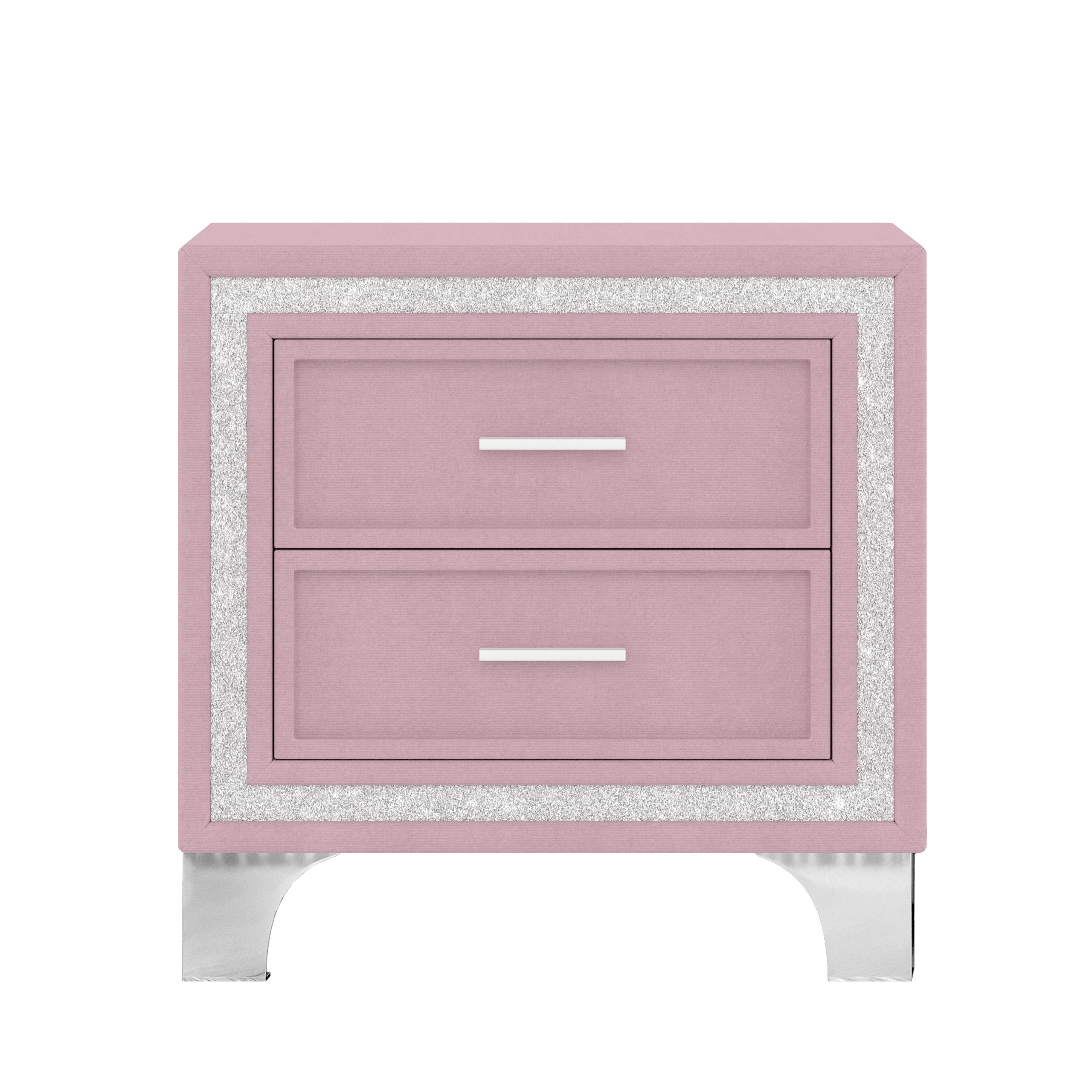 Mid Century Vintage Nightstand with Silver Glitter Strip Decor and Metal Legs, Velvet Bedside Table with 2 Drawers, Fully Assembled Except Legs and Handles, Pink - Image 6