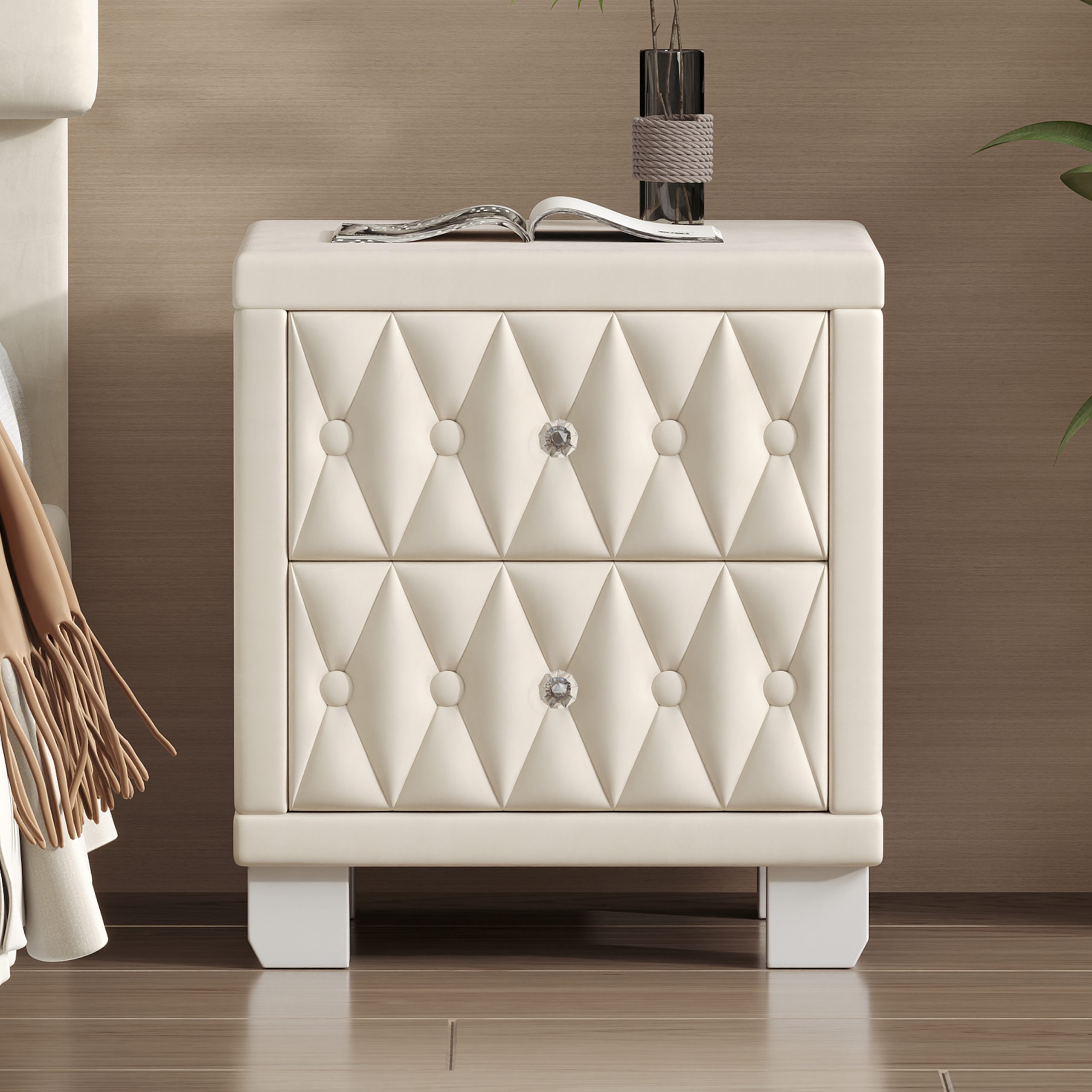 Elegant Velvet Nightstand with 2 Drawers and Crystal Handle, Storage Bedside Table with Button-Tufted, Beige - Image 3