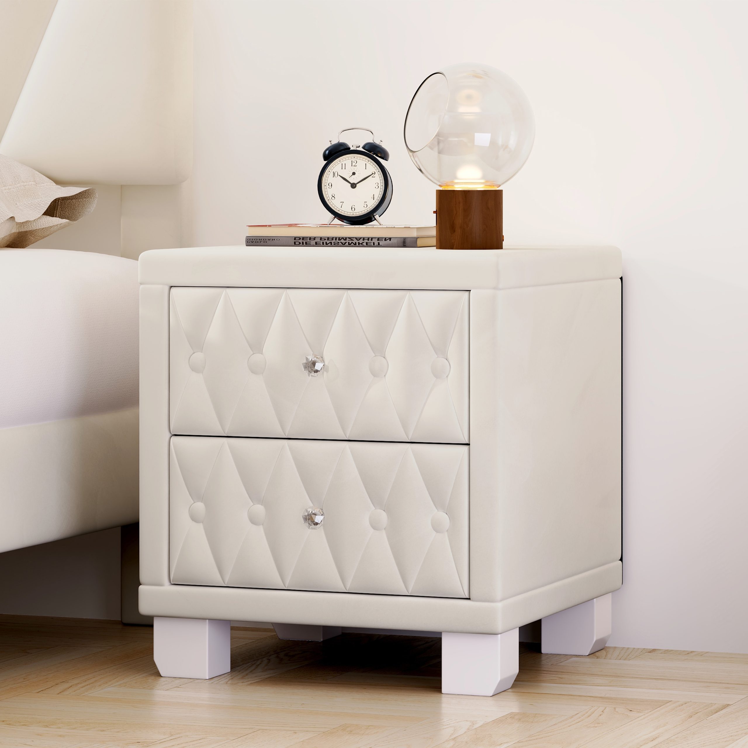Elegant Velvet Nightstand with 2 Drawers and Crystal Handle, Storage Bedside Table with Button-Tufted, Beige - Image 4
