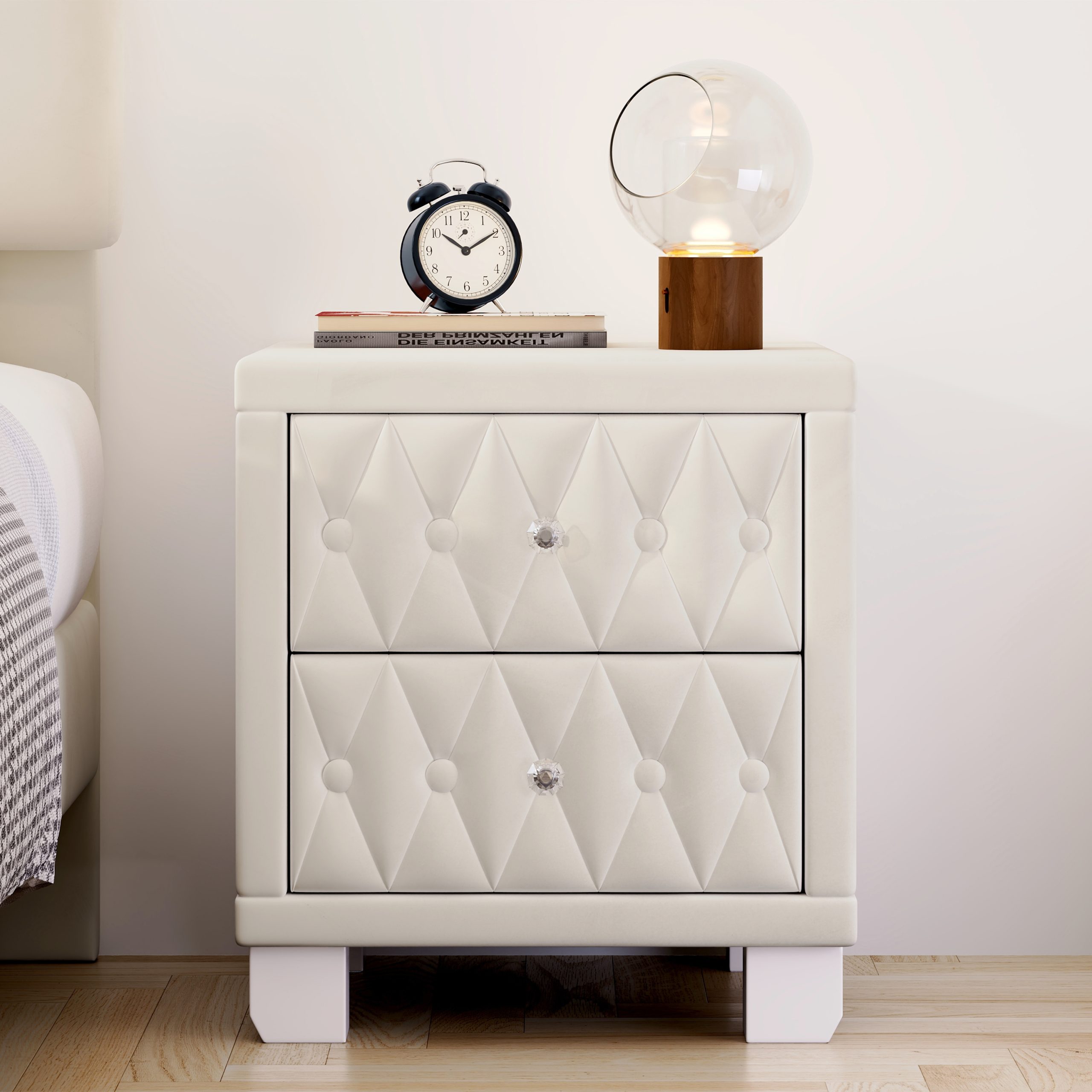 Elegant Velvet Nightstand with 2 Drawers and Crystal Handle, Storage Bedside Table with Button-Tufted, Beige - Image 5