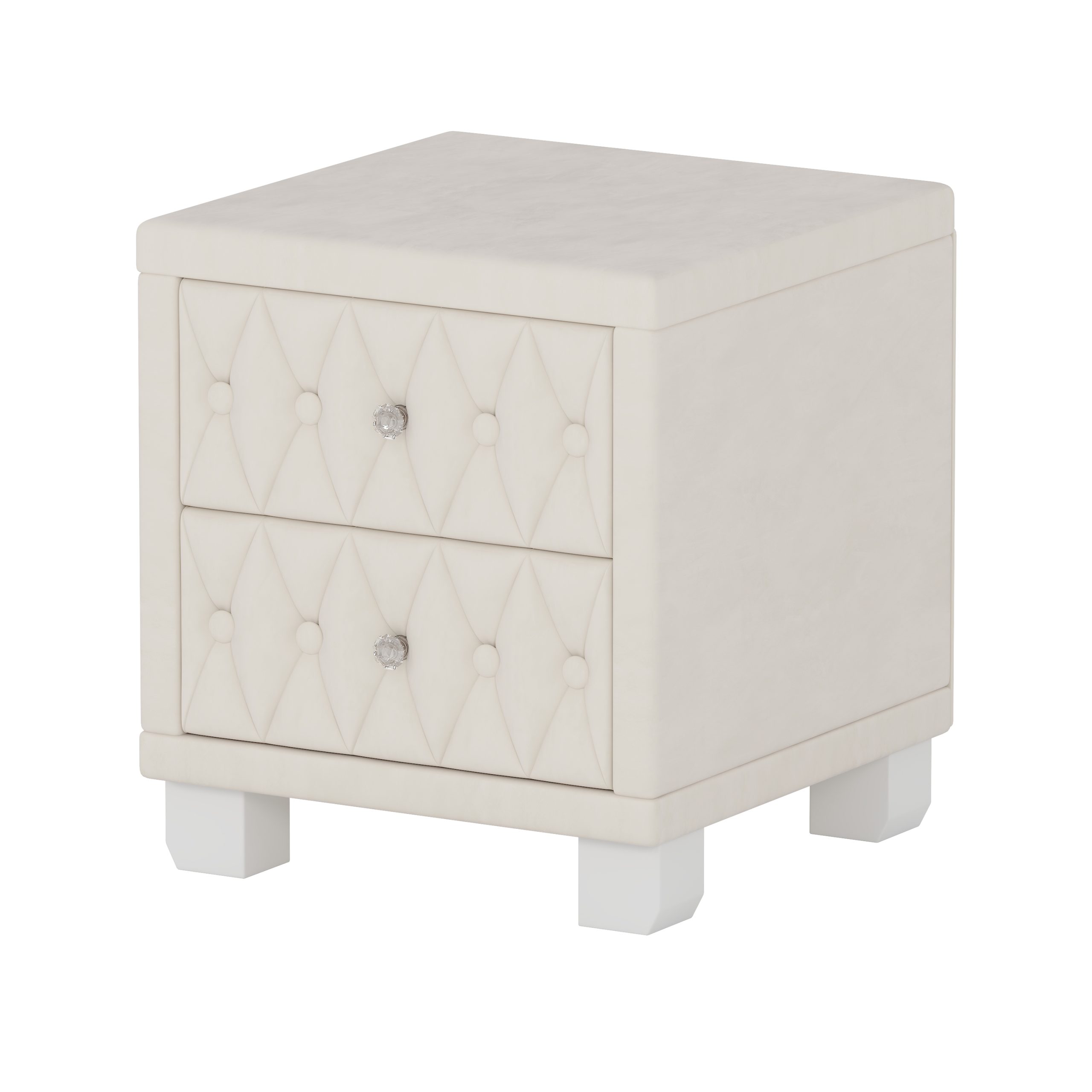 Elegant Velvet Nightstand with 2 Drawers and Crystal Handle, Storage Bedside Table with Button-Tufted, Beige - Image 6