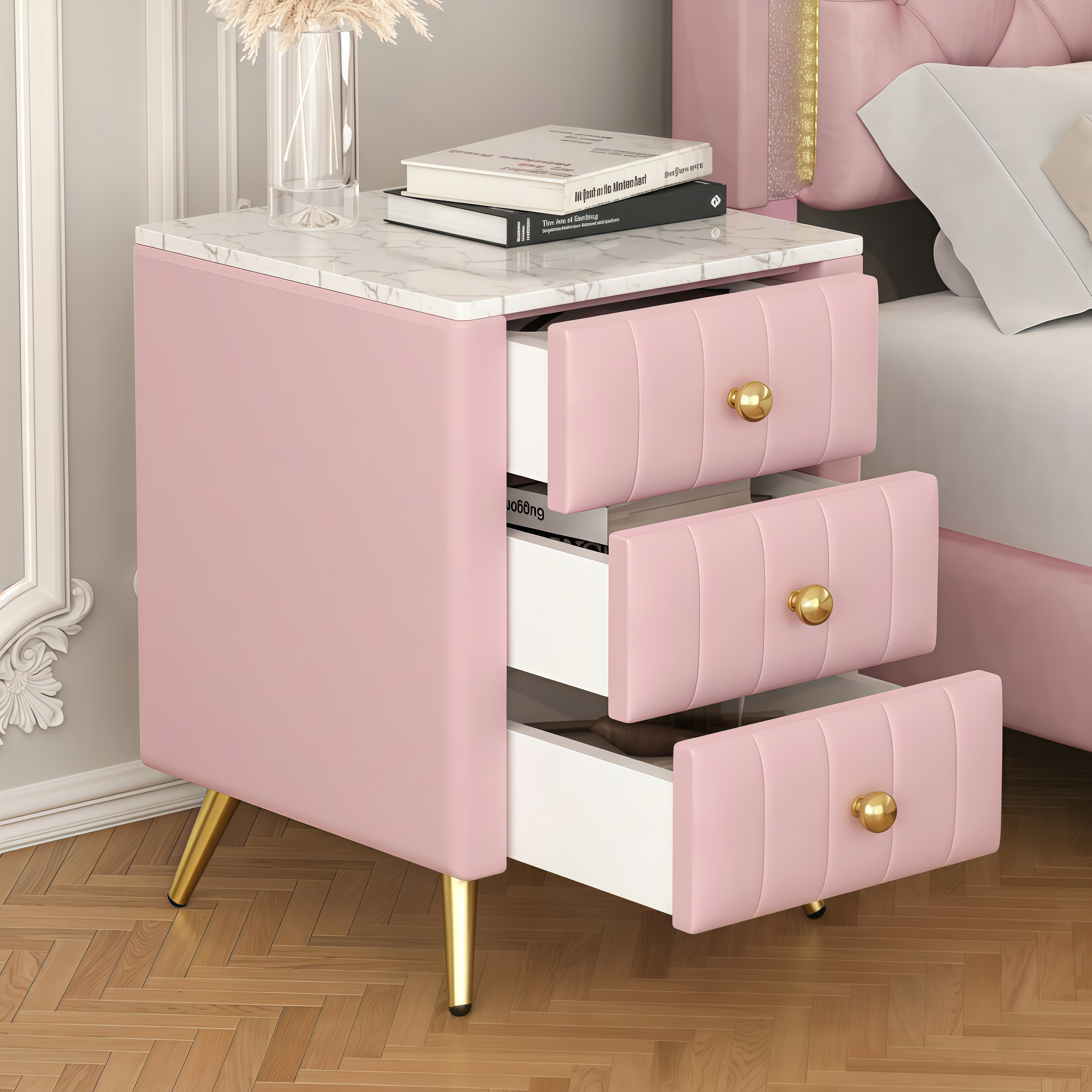 Upholstered Wooden Nightstand with 3 Drawers and Metal Legs&Handles, Bedside Table with Marbling Stickers Worktop - Pink - Image 3