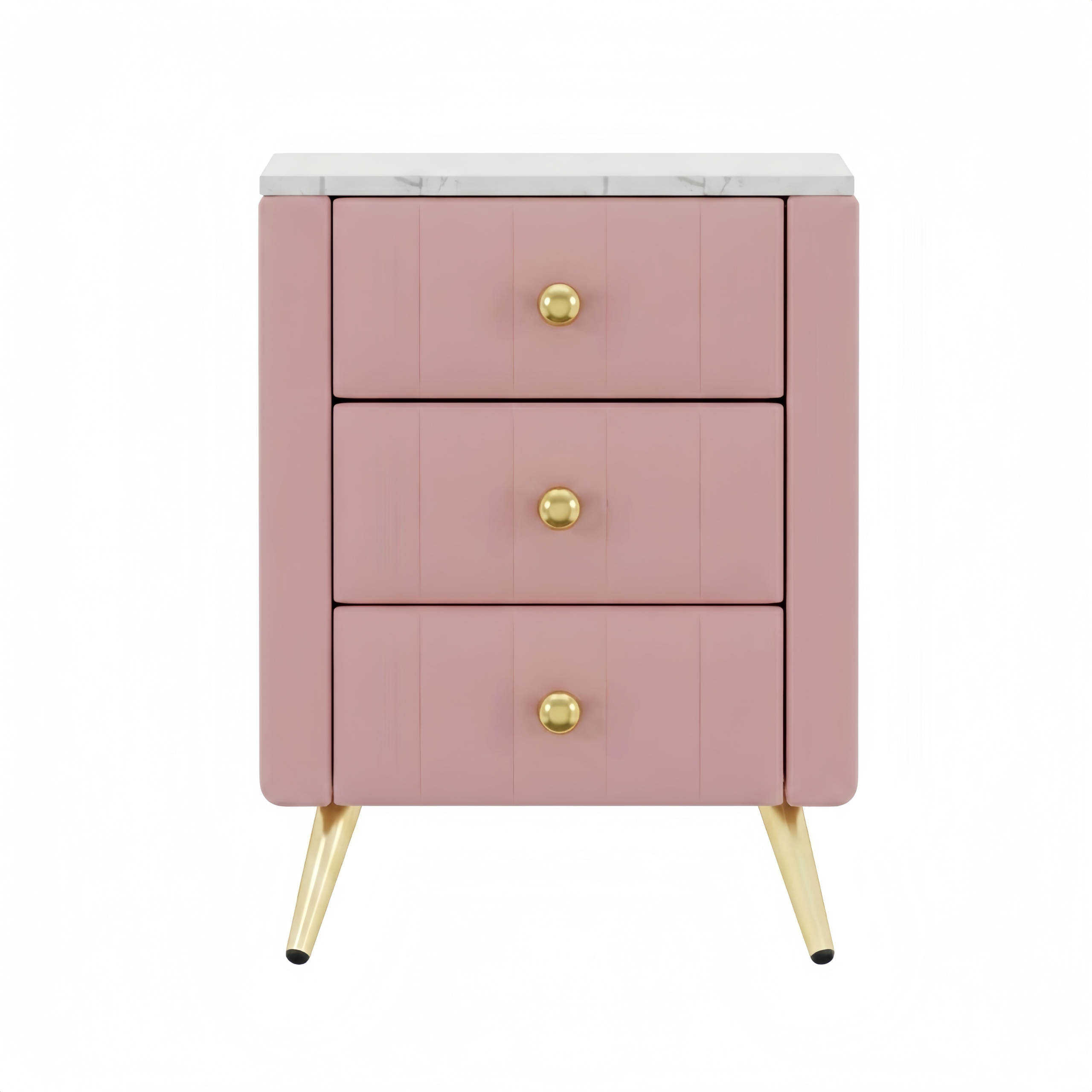 Upholstered Wooden Nightstand with 3 Drawers and Metal Legs&Handles, Bedside Table with Marbling Stickers Worktop - Pink - Image 4