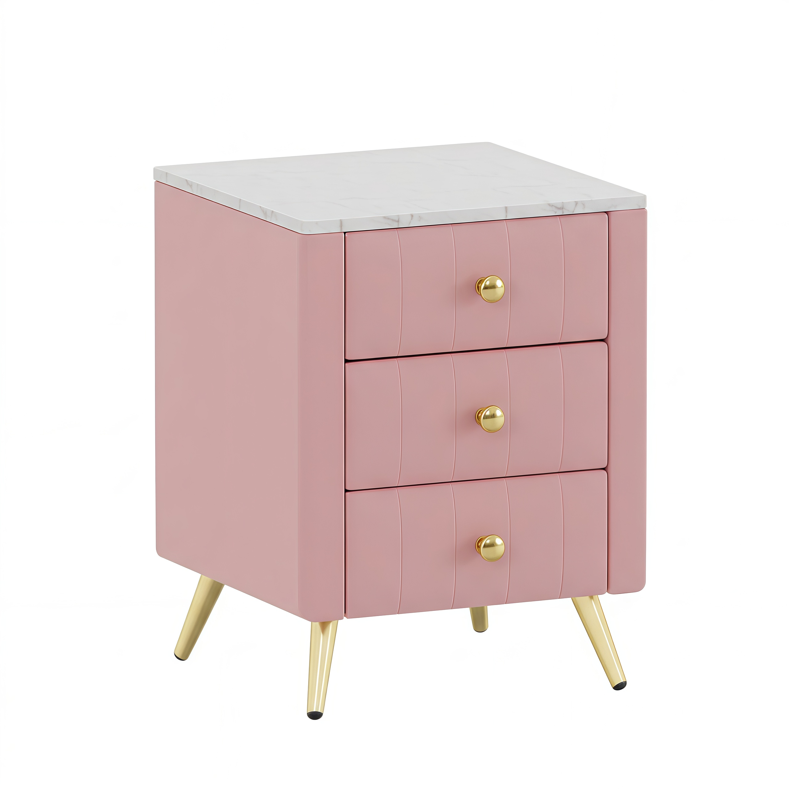 Upholstered Wooden Nightstand with 3 Drawers and Metal Legs&Handles, Bedside Table with Marbling Stickers Worktop - Pink - Image 5