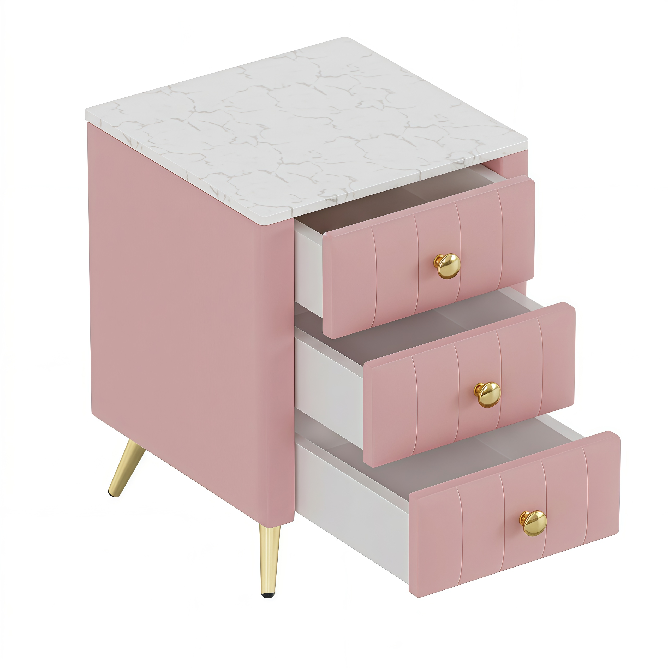 Upholstered Wooden Nightstand with 3 Drawers and Metal Legs&Handles, Bedside Table with Marbling Stickers Worktop - Pink - Image 6