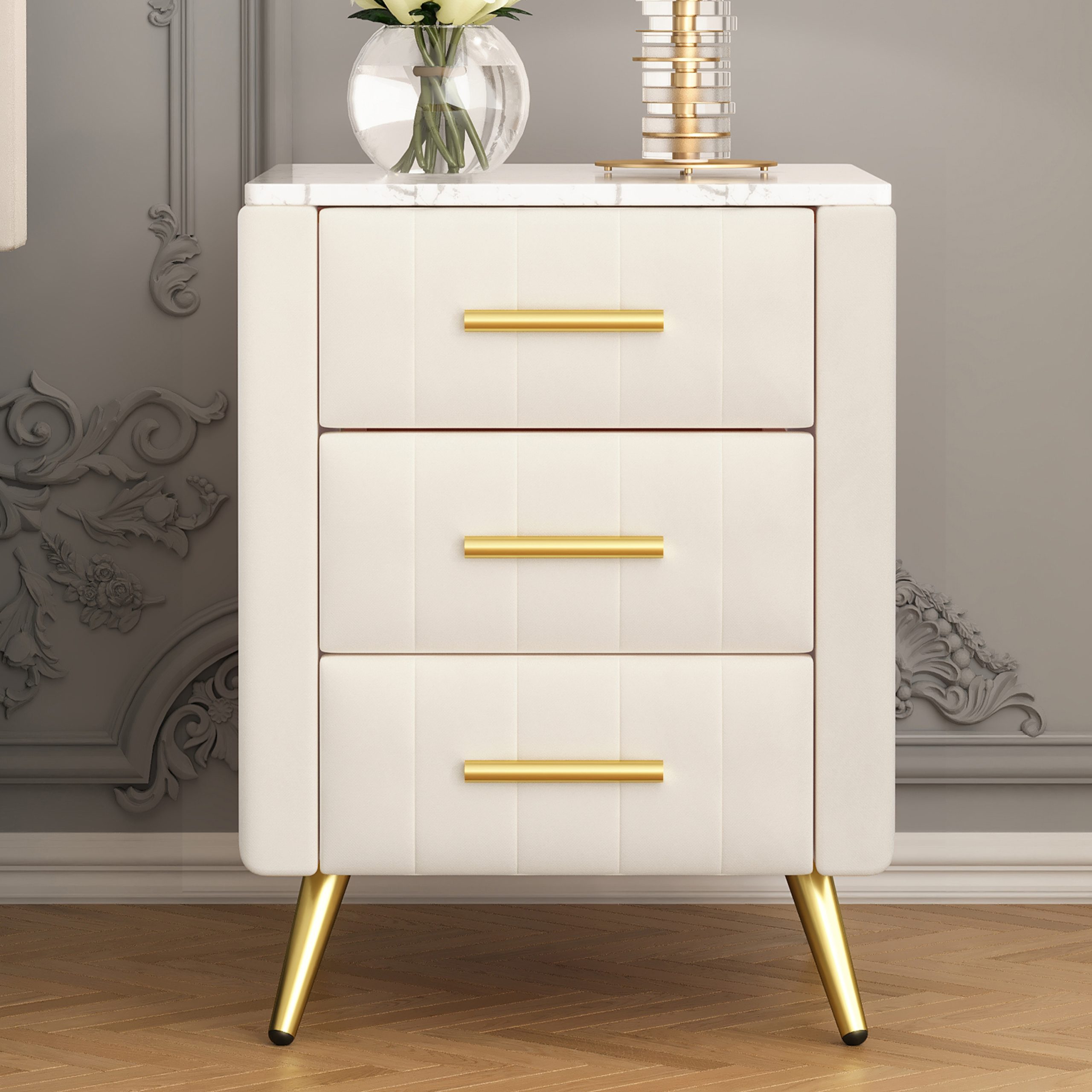 Upholstered Wooden Nightstand with 3 Drawers and Metal Legs&Handles, Bedside Table with Marbling Stickers Worktop - Beige - Image 3