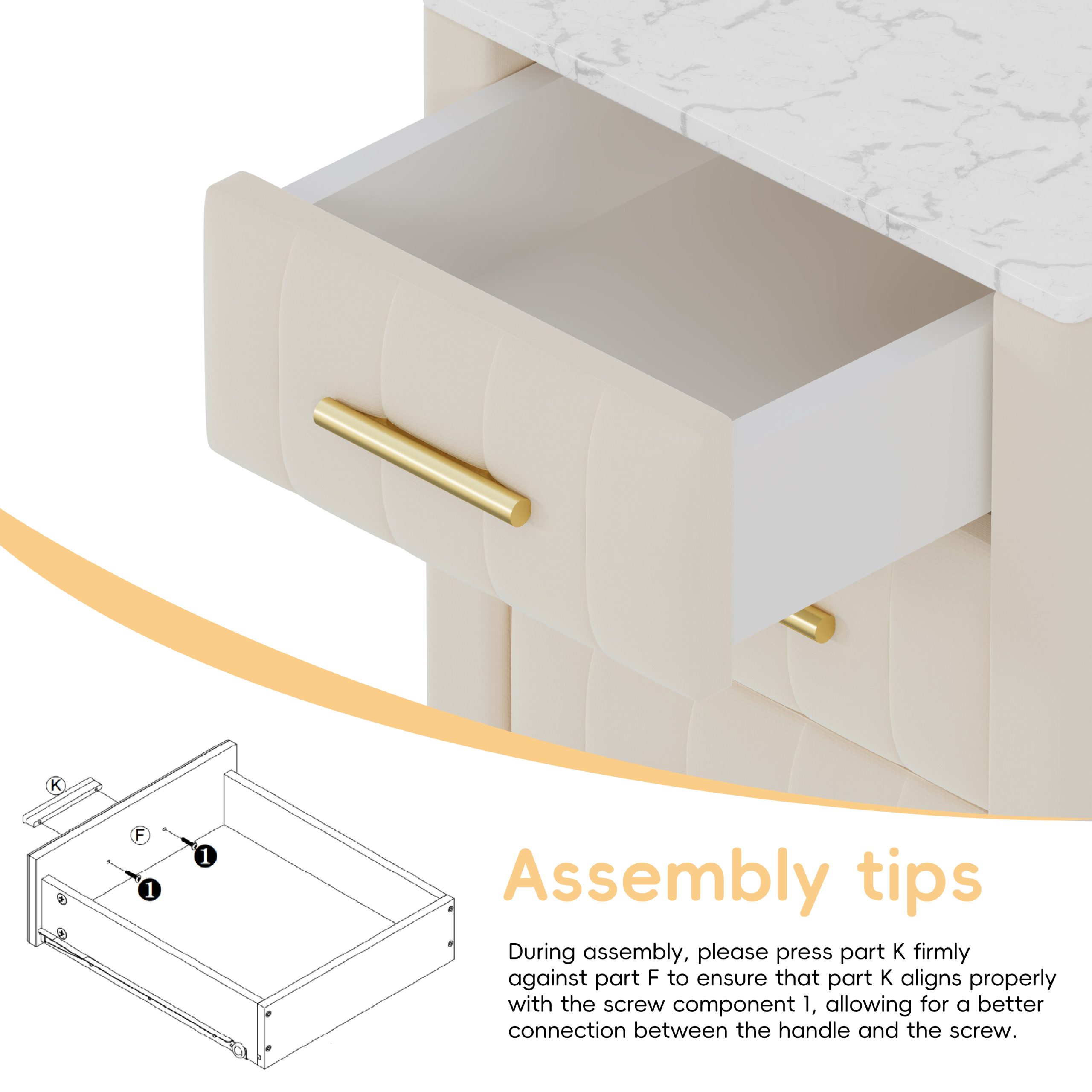 Upholstered Wooden Nightstand with 3 Drawers and Metal Legs&Handles, Bedside Table with Marbling Stickers Worktop - Beige - Image 4
