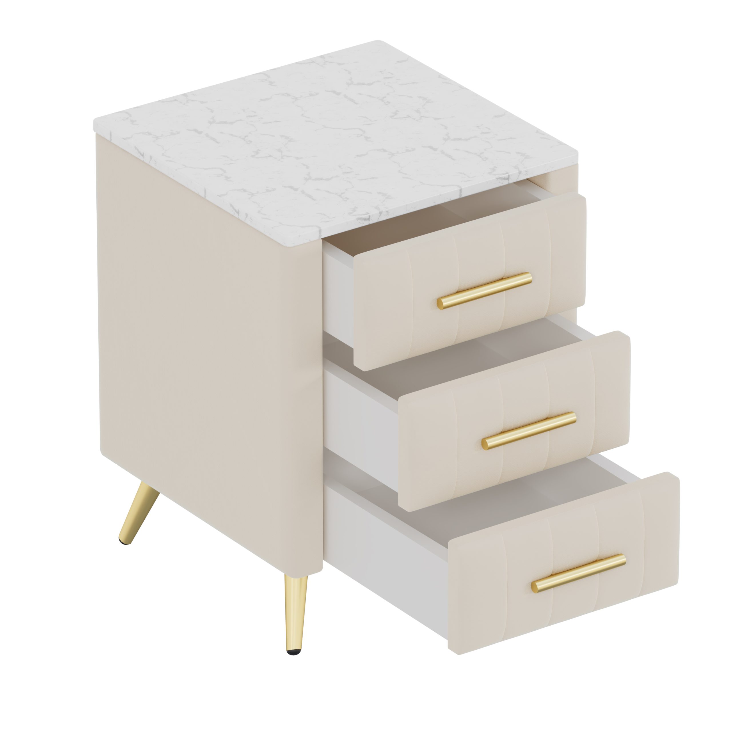 Upholstered Wooden Nightstand with 3 Drawers and Metal Legs&Handles, Bedside Table with Marbling Stickers Worktop - Beige - Image 5
