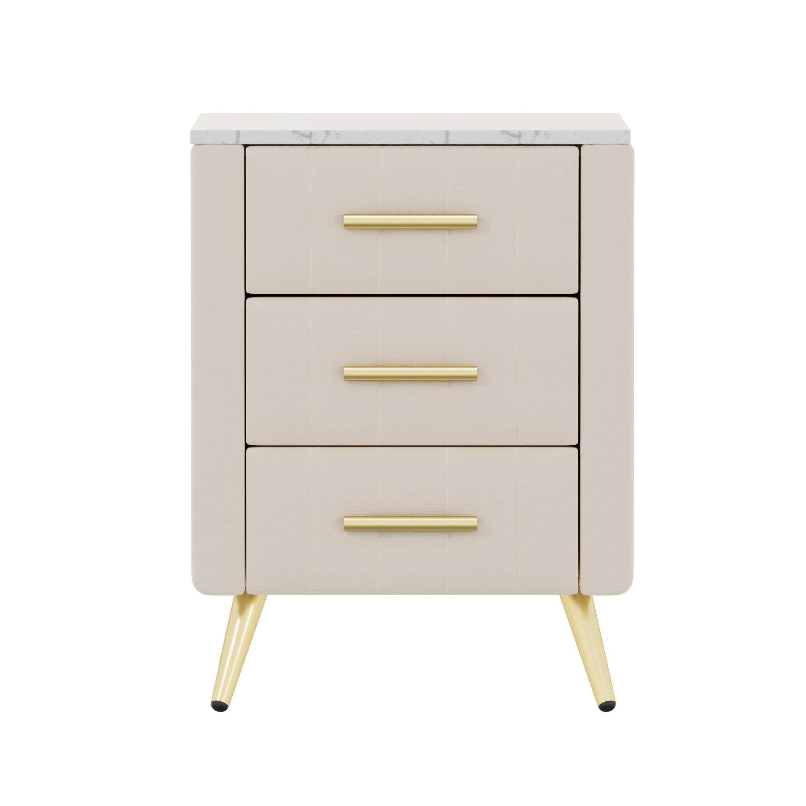 Upholstered Wooden Nightstand with 3 Drawers and Metal Legs&Handles, Bedside Table with Marbling Stickers Worktop - Beige - Image 6