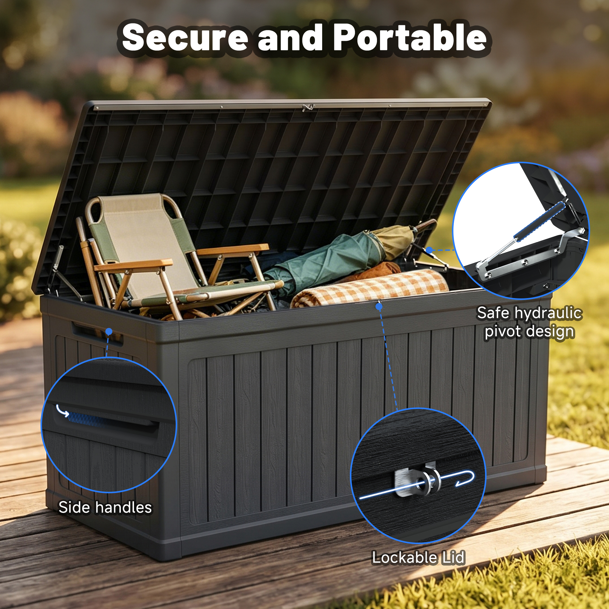 260 Gallon Large Outdoor Storage XXL Deck Box for Patio Furniture, Outdoor Cushions, Garden Tools and Sports/Pools Equipment, Waterproof Resin, Lockable, Black - Image 3