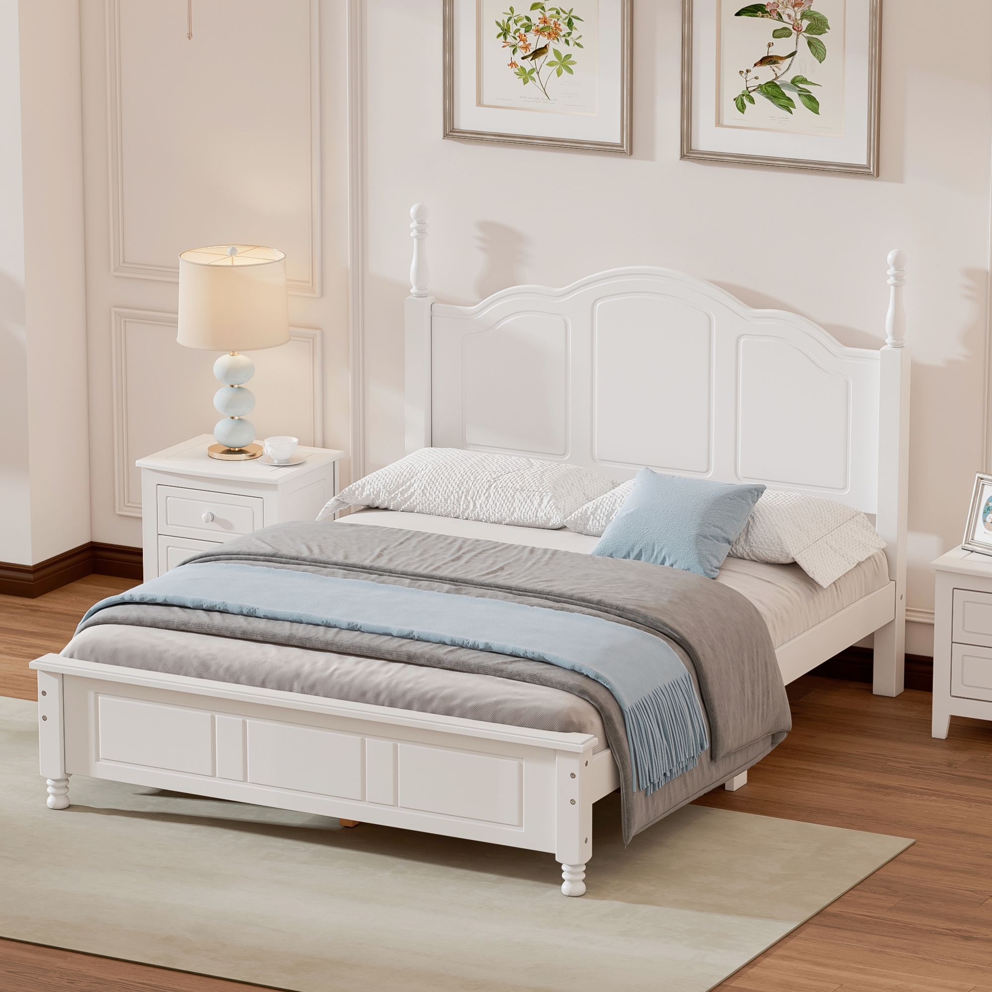 Full Size Wood Platform Bed Frame,Retro Style Platform Bed with Wooden Slat Support,White - Image 2