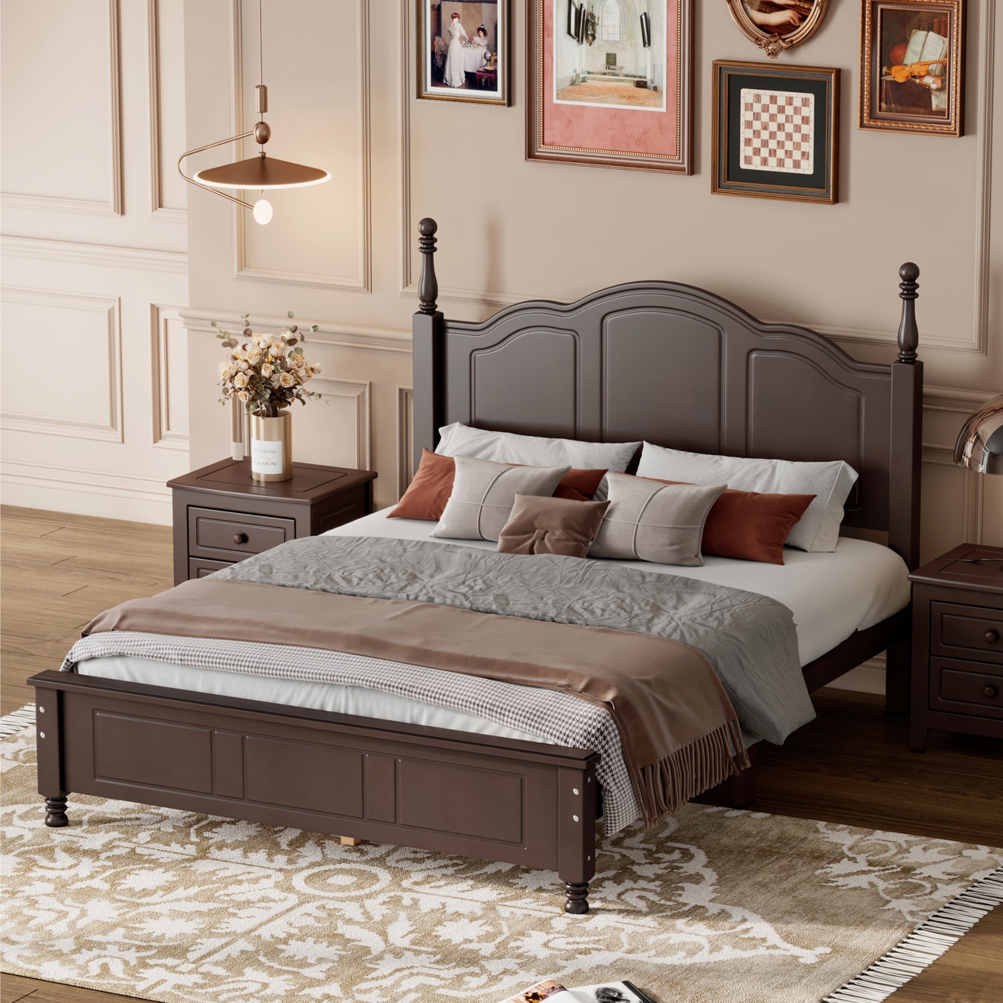Full Size Wood Platform Bed Frame,Retro Style Platform Bed with Wooden Slat Support,Dark Walnut - Image 2