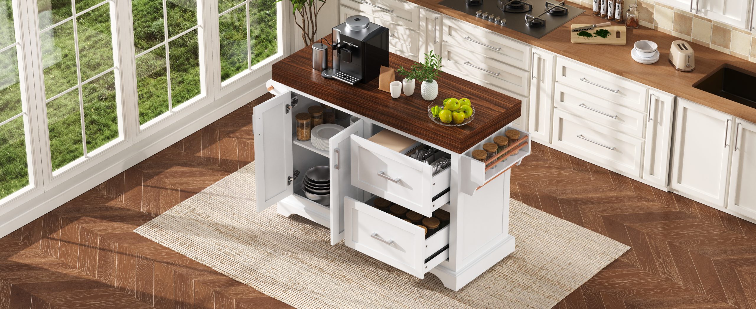 K&K 53" Large Kitchen Island with 3.5" Thick Desktop, Spice and Towel Racks, Rolling Kitchen Island with Storage on 5 Wheels, 2 Extra-large Drawers, for Home, Kitchen, Dining Room, White - Image 2