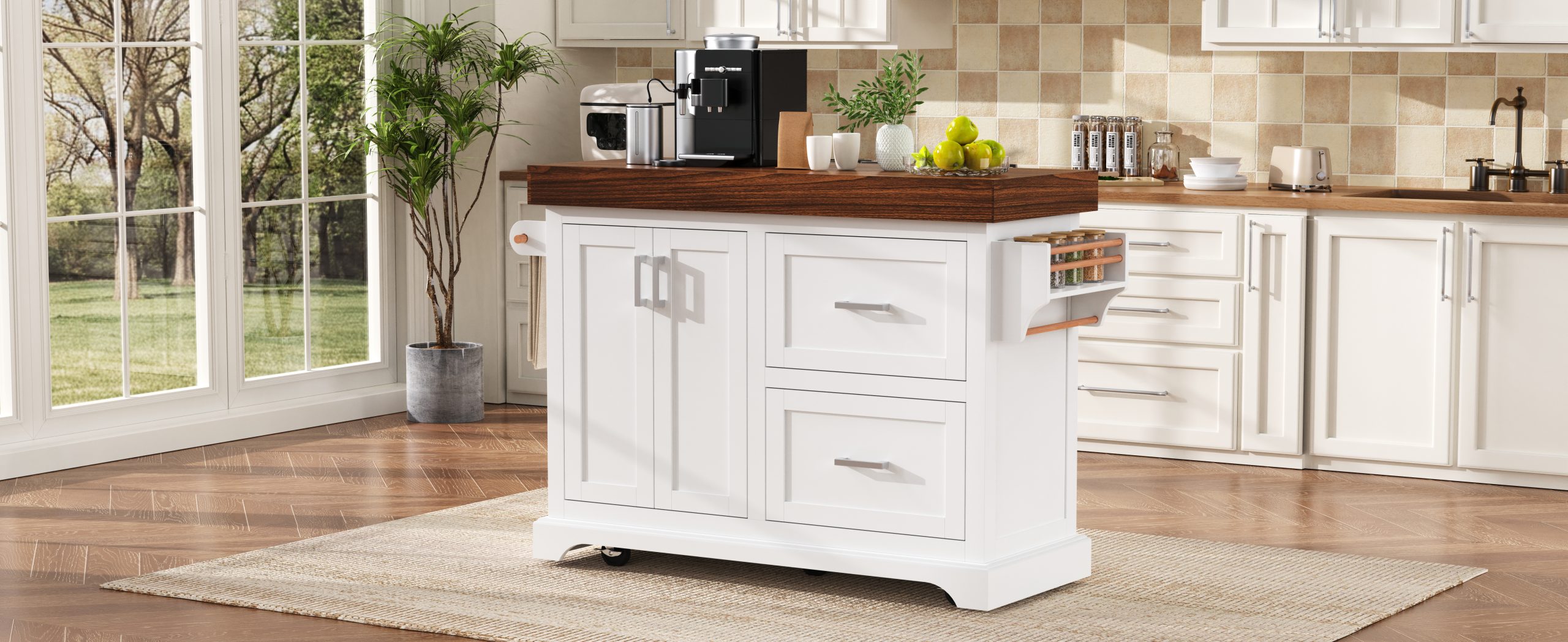 K&K 53" Large Kitchen Island with 3.5" Thick Desktop, Spice and Towel Racks, Rolling Kitchen Island with Storage on 5 Wheels, 2 Extra-large Drawers, for Home, Kitchen, Dining Room, White - Image 3