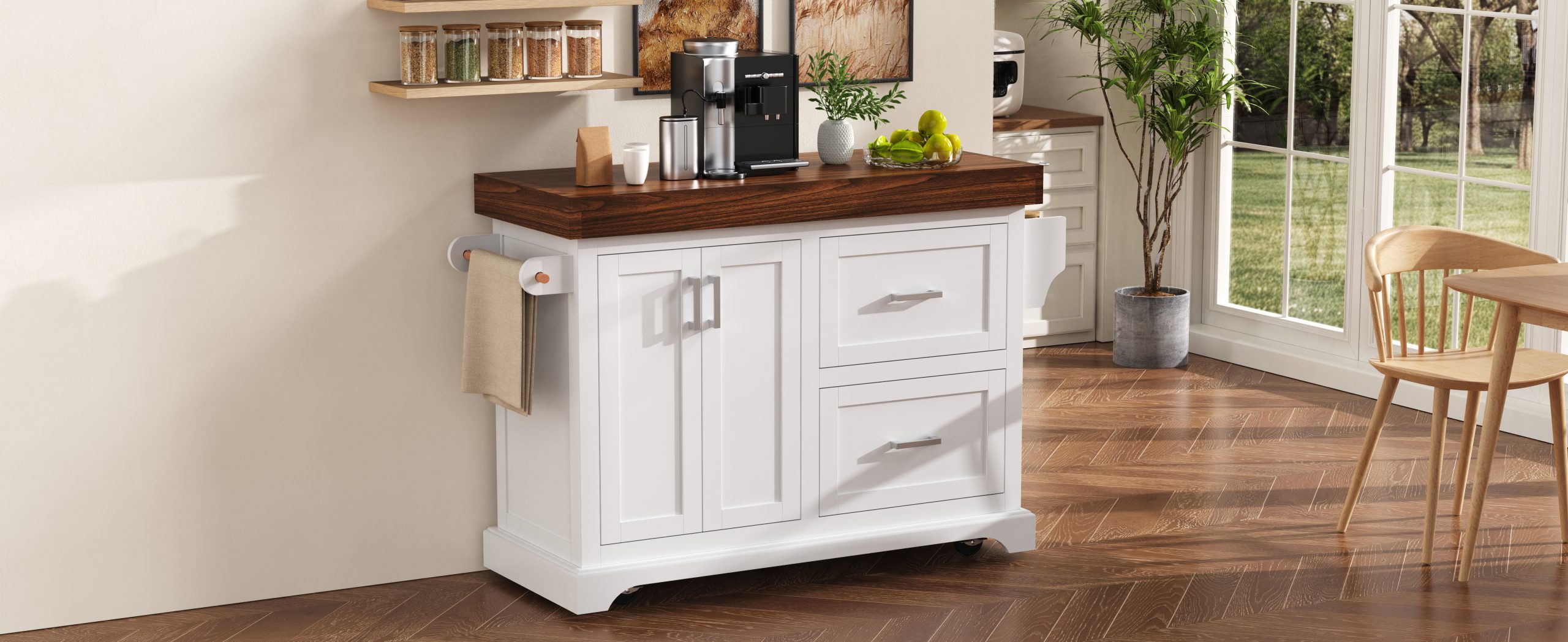 K&K 53" Large Kitchen Island with 3.5" Thick Desktop, Spice and Towel Racks, Rolling Kitchen Island with Storage on 5 Wheels, 2 Extra-large Drawers, for Home, Kitchen, Dining Room, White - Image 4