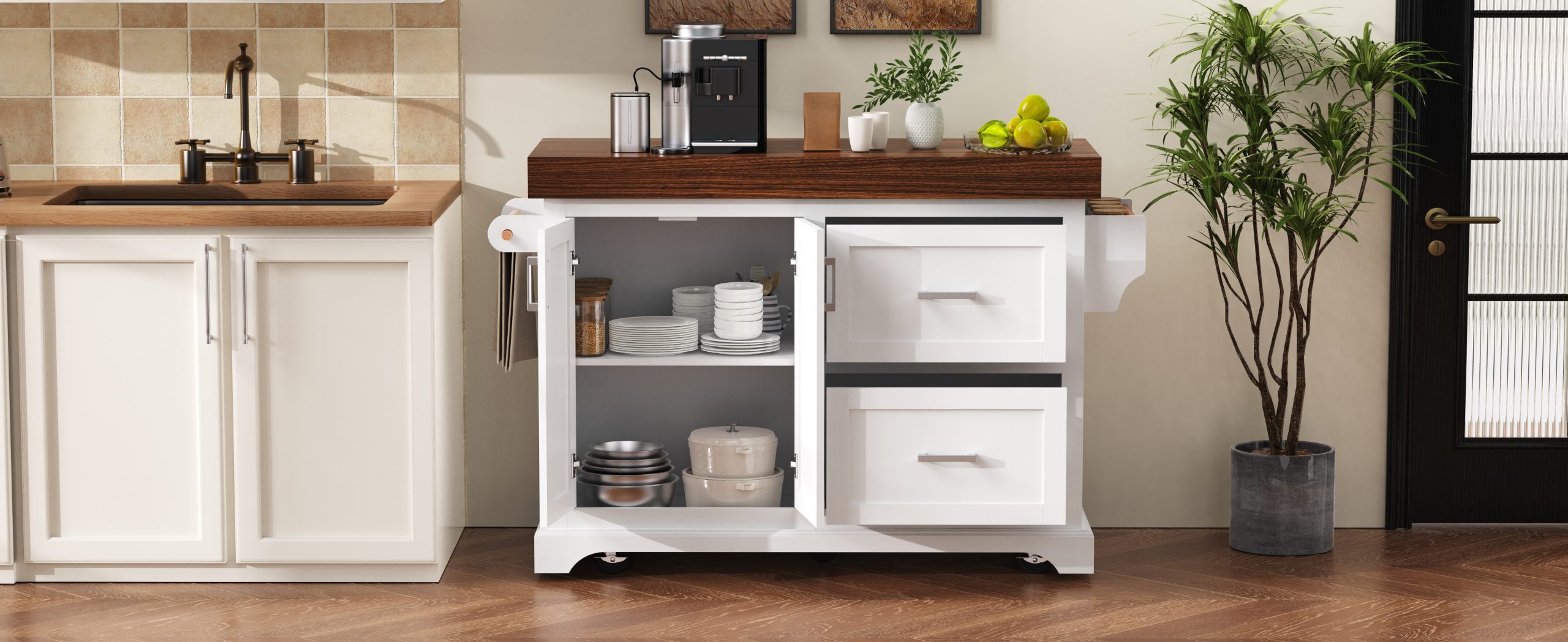 K&K 53" Large Kitchen Island with 3.5" Thick Desktop, Spice and Towel Racks, Rolling Kitchen Island with Storage on 5 Wheels, 2 Extra-large Drawers, for Home, Kitchen, Dining Room, White - Image 5