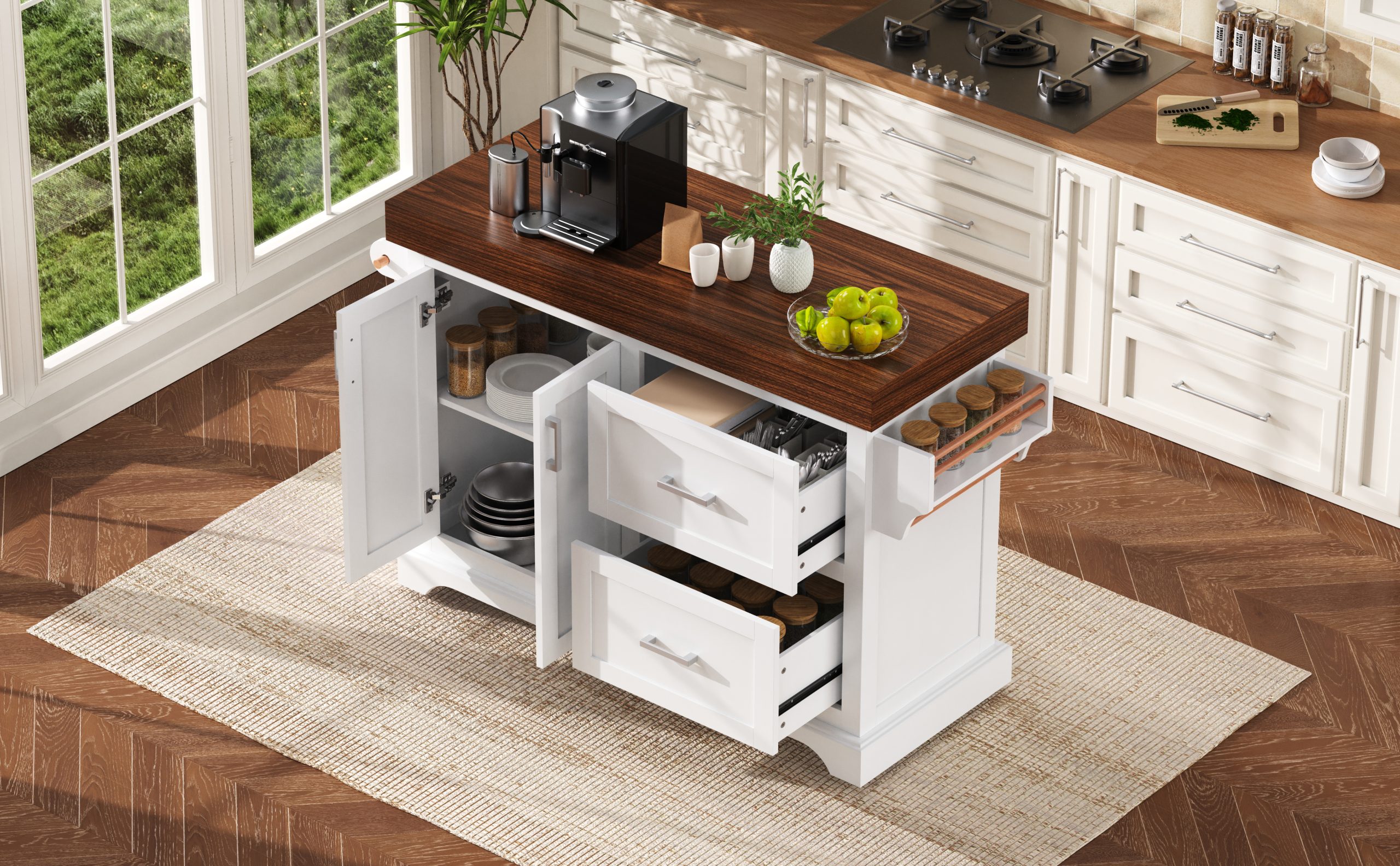 K&K 53" Large Kitchen Island with 3.5" Thick Desktop, Spice and Towel Racks, Rolling Kitchen Island with Storage on 5 Wheels, 2 Extra-large Drawers, for Home, Kitchen, Dining Room, White - Image 6