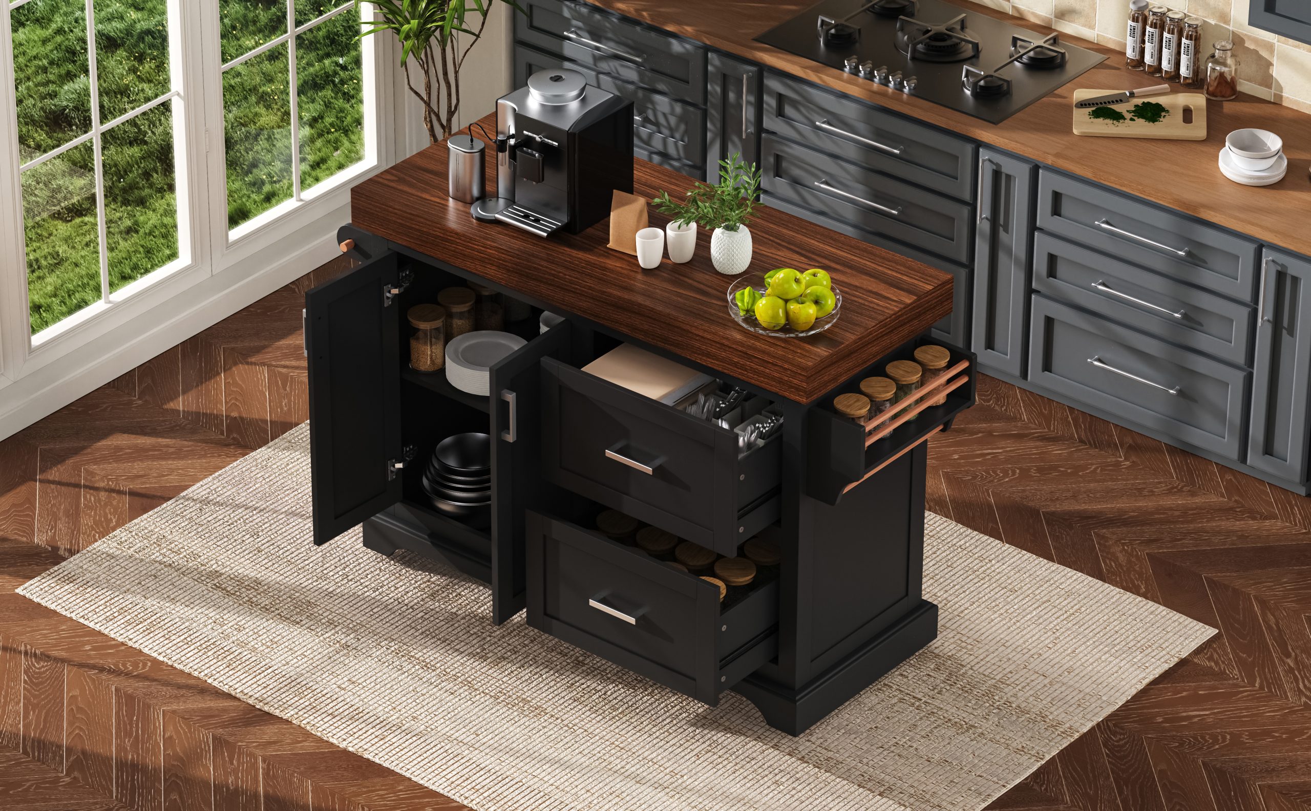 K&K 53" Large Kitchen Island with 3.5" Thick Desktop, Spice and Towel Racks, Rolling Kitchen Island with Storage on 5 Wheels, 2 Extra-large Drawers, for Home, Kitchen, Dining Room, Black - Image 2