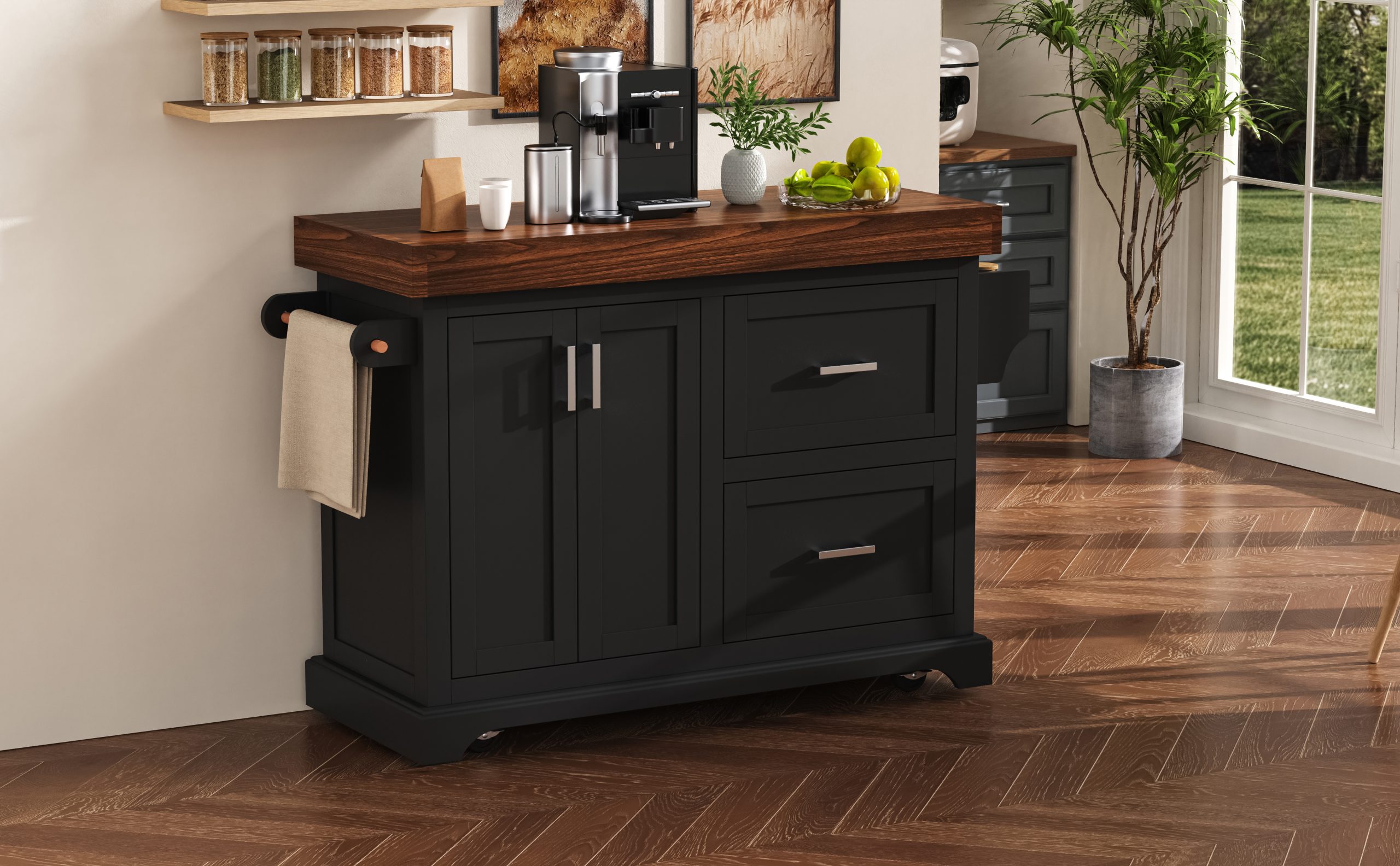 K&K 53" Large Kitchen Island with 3.5" Thick Desktop, Spice and Towel Racks, Rolling Kitchen Island with Storage on 5 Wheels, 2 Extra-large Drawers, for Home, Kitchen, Dining Room, Black - Image 3
