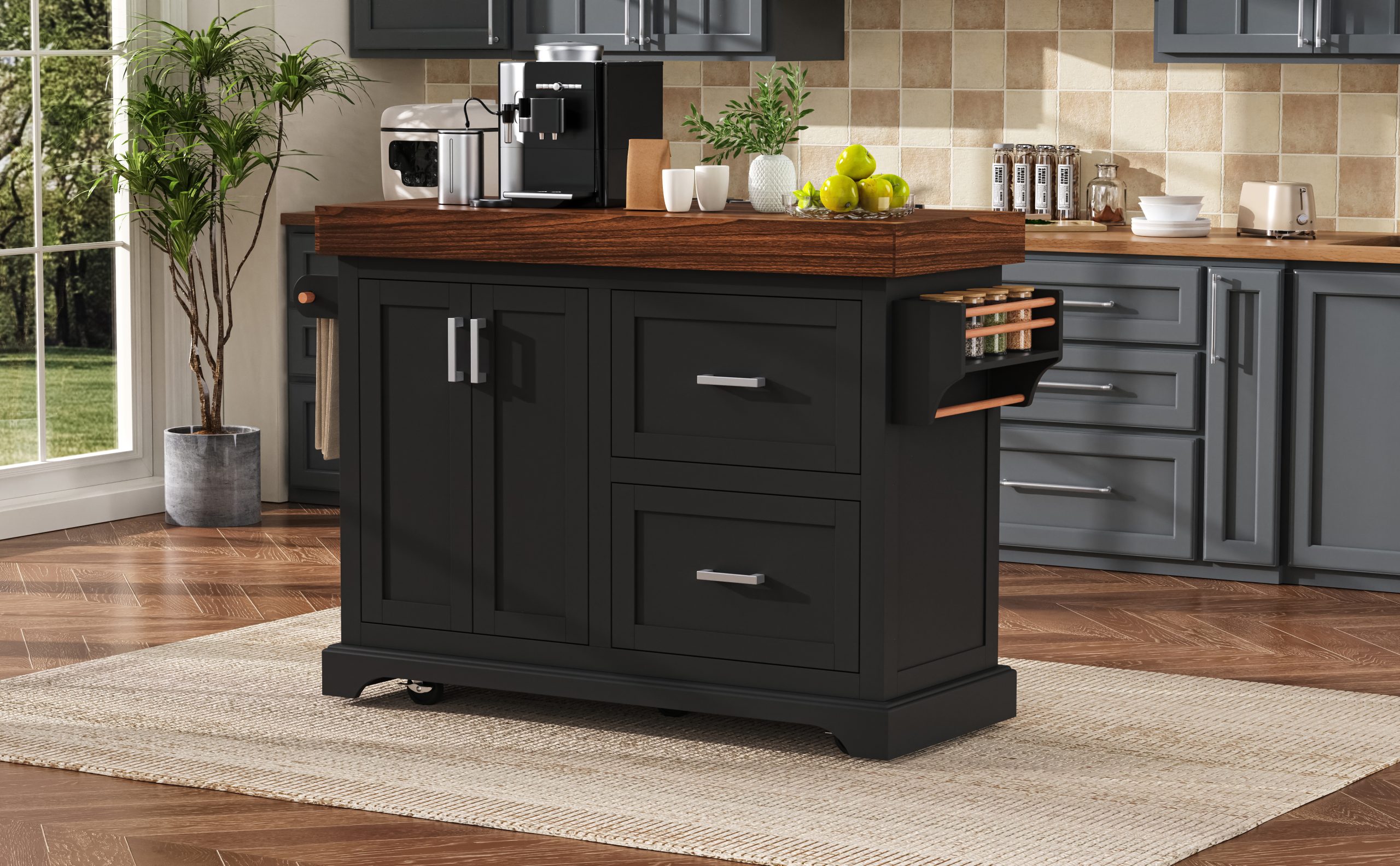 K&K 53" Large Kitchen Island with 3.5" Thick Desktop, Spice and Towel Racks, Rolling Kitchen Island with Storage on 5 Wheels, 2 Extra-large Drawers, for Home, Kitchen, Dining Room, Black - Image 4