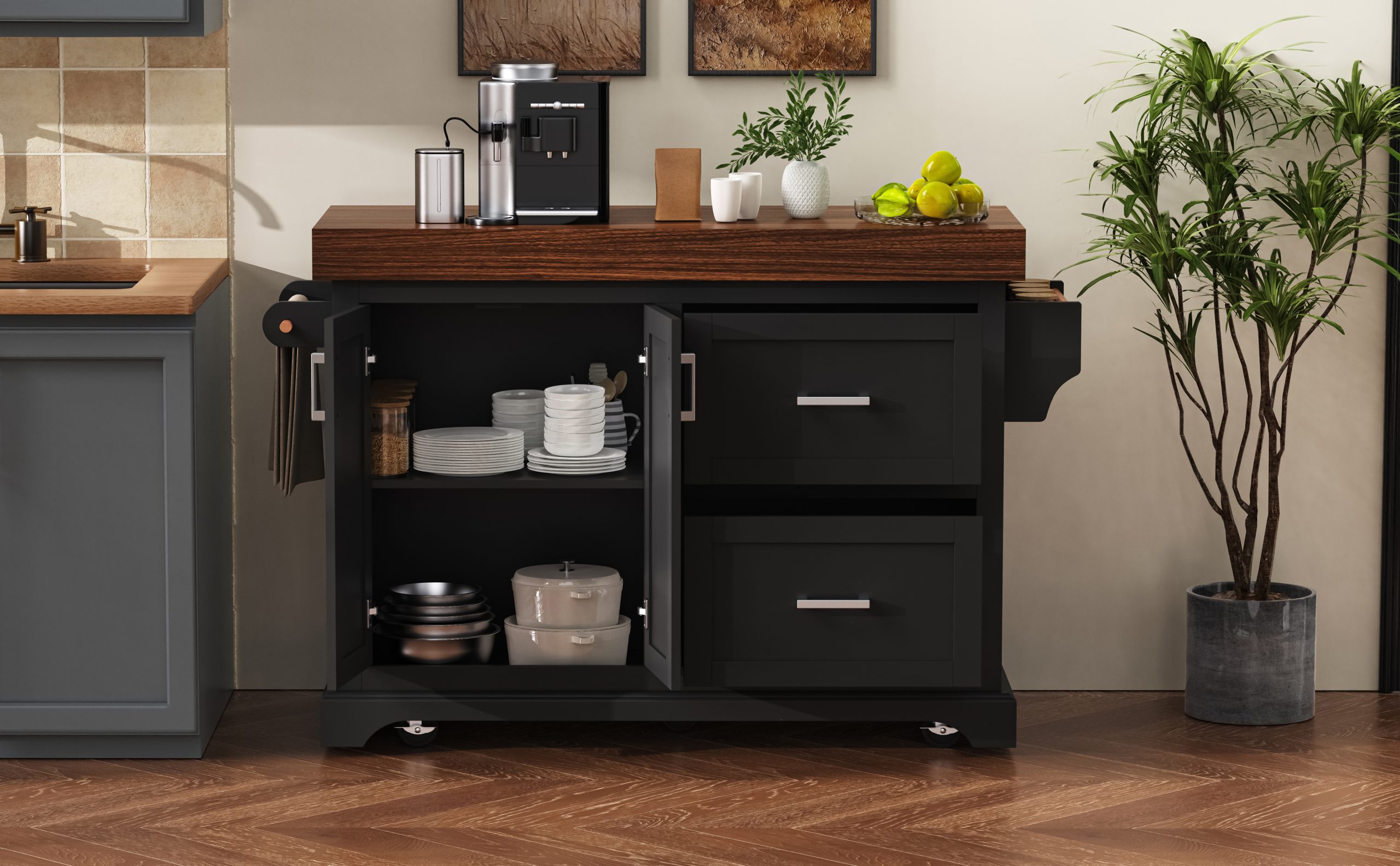 K&K 53" Large Kitchen Island with 3.5" Thick Desktop, Spice and Towel Racks, Rolling Kitchen Island with Storage on 5 Wheels, 2 Extra-large Drawers, for Home, Kitchen, Dining Room, Black - Image 5