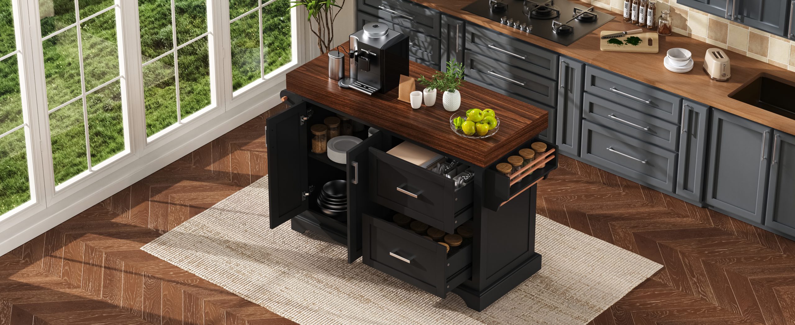 K&K 53" Large Kitchen Island with 3.5" Thick Desktop, Spice and Towel Racks, Rolling Kitchen Island with Storage on 5 Wheels, 2 Extra-large Drawers, for Home, Kitchen, Dining Room, Black - Image 6