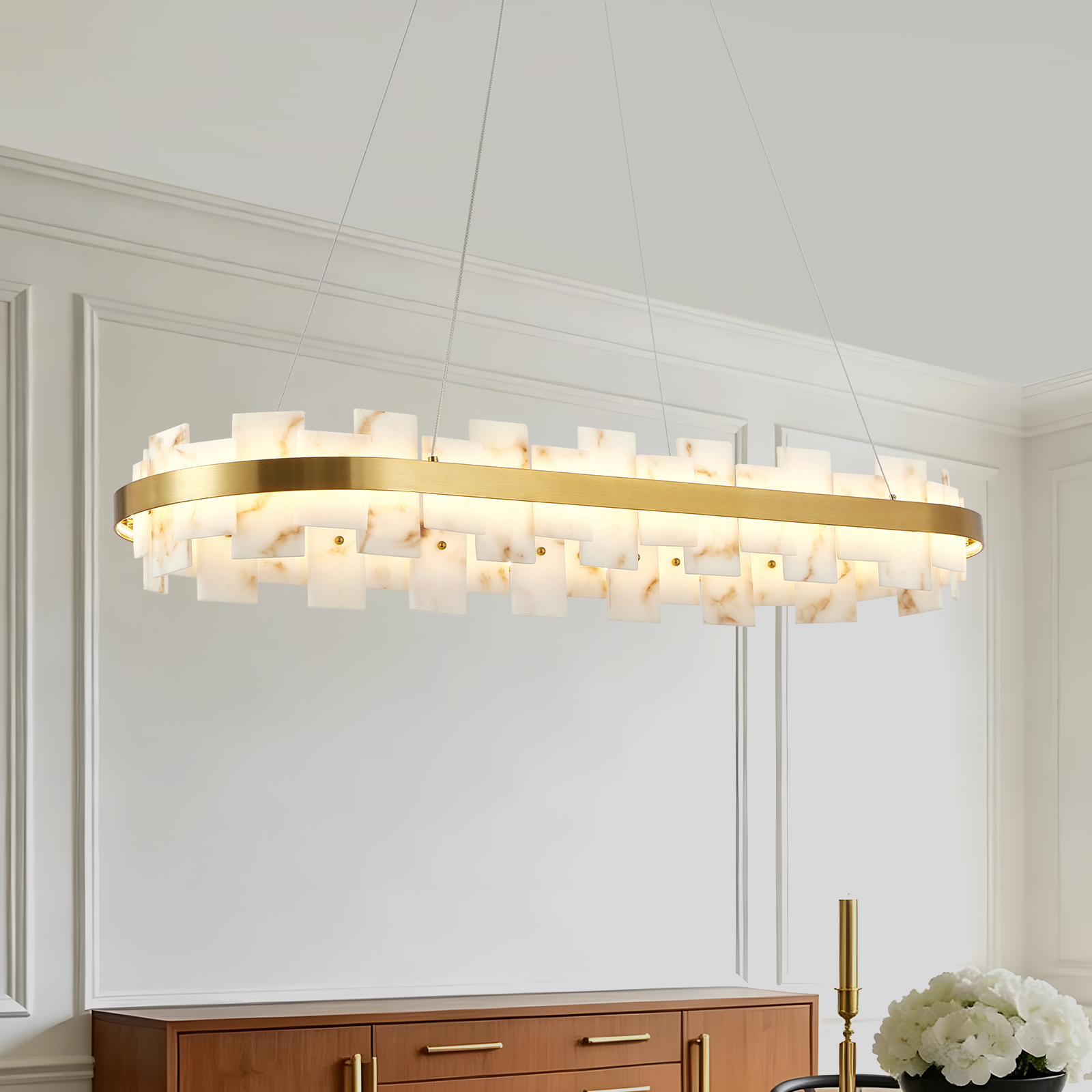 Alabaster Rectangle Chandelier, Natural Spanish Stone Texture Chandeliers, 46.8″ Adjustable Alabaster Chandelier Over Table for Dining Room, Bedroom, Island– Modern Luxury Ceiling Lighting