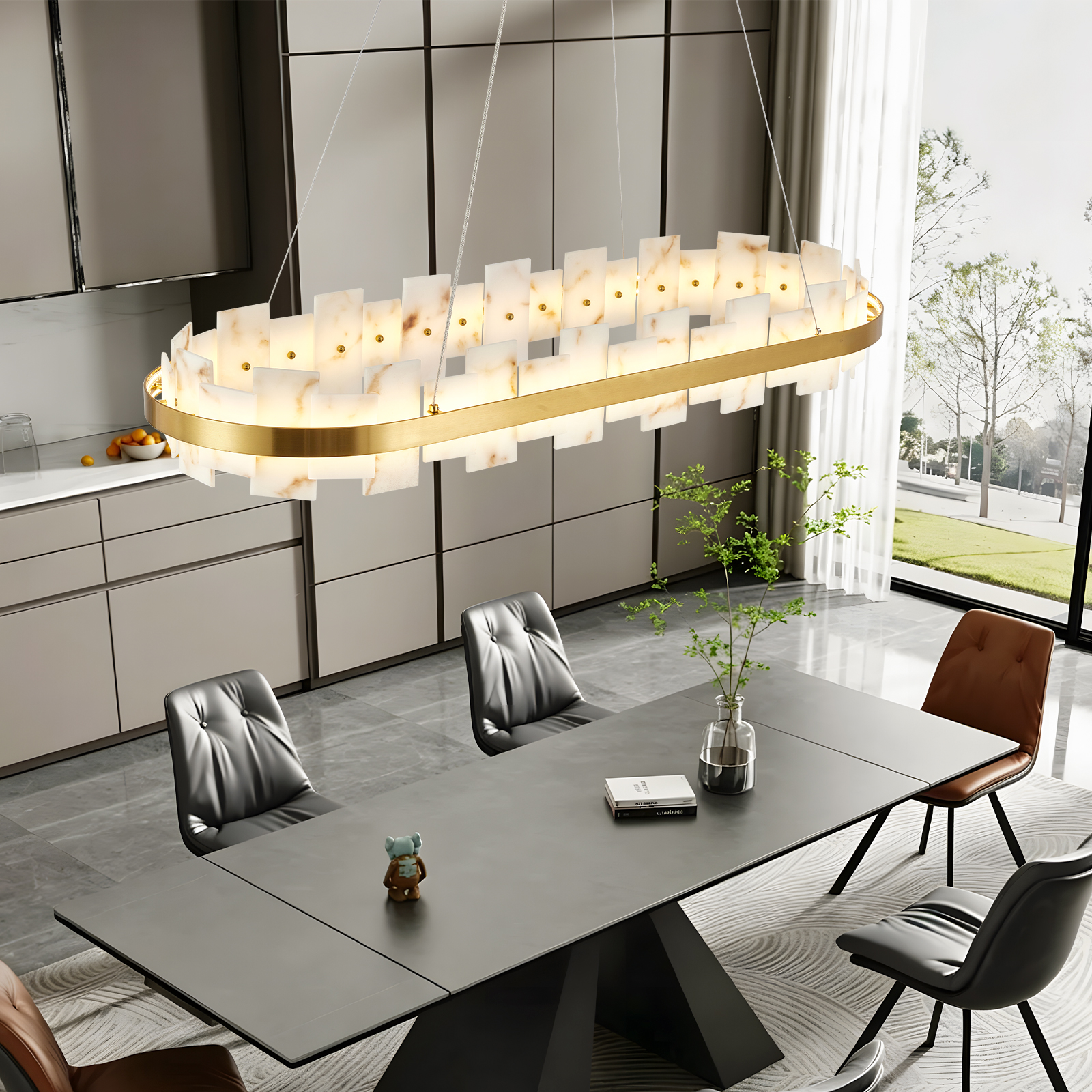 Alabaster Rectangle Chandelier, Natural Spanish Stone Texture Chandeliers, 46.8" Adjustable Alabaster Chandelier Over Table for Dining Room, Bedroom, Island– Modern Luxury Ceiling Lighting - Image 2