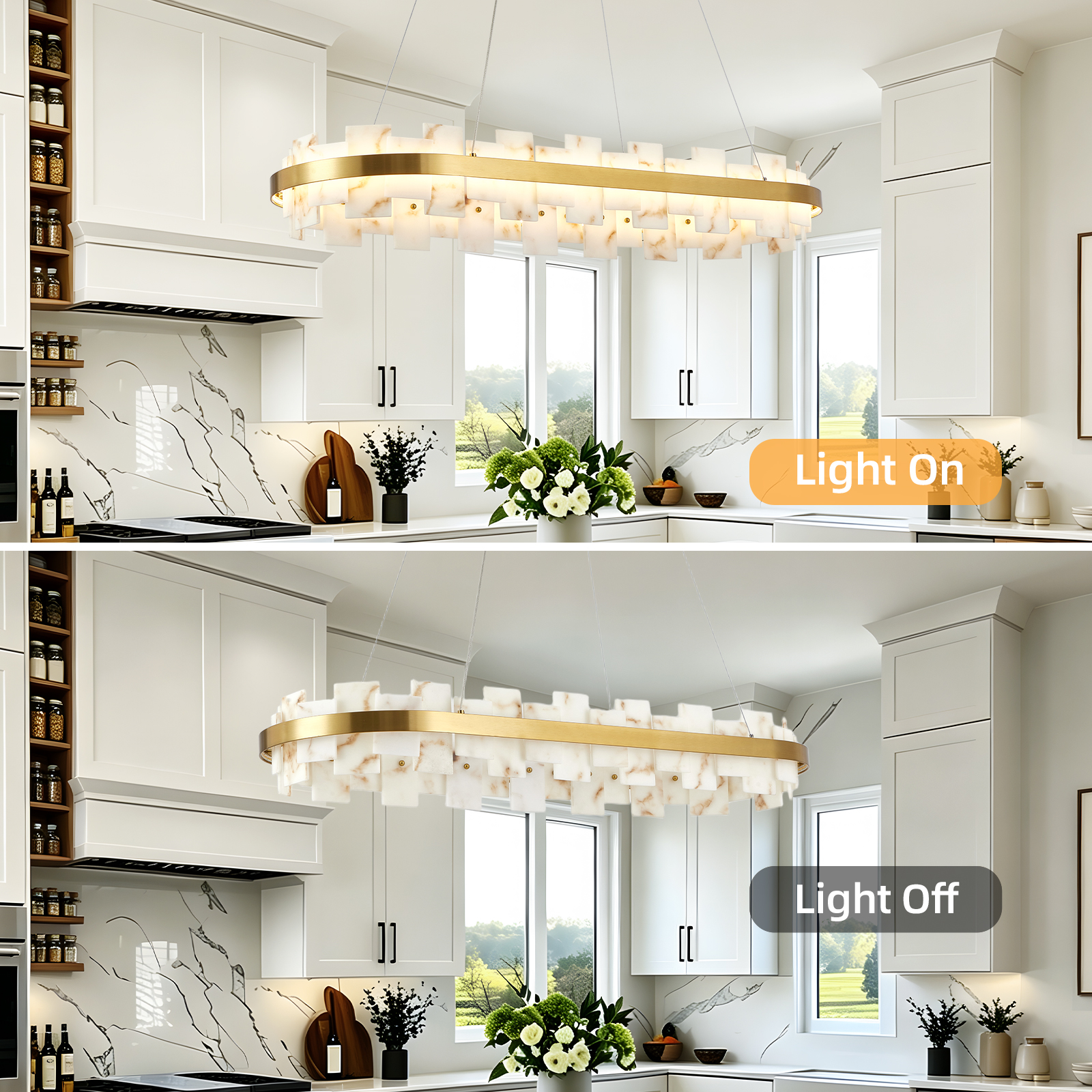 Alabaster Rectangle Chandelier, Natural Spanish Stone Texture Chandeliers, 46.8" Adjustable Alabaster Chandelier Over Table for Dining Room, Bedroom, Island– Modern Luxury Ceiling Lighting - Image 4