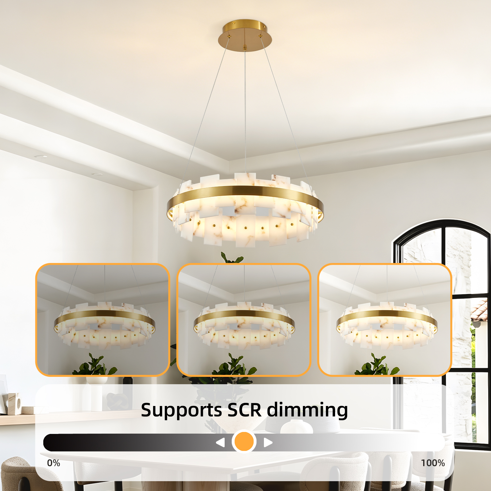 Modern Alabaster Linear Chandelier, 20 Inch Round Adjustable Flushmount Ceiling Light Fixture for Living Room, Over Table, Bedroom, Hallway, Entryway - Image 3