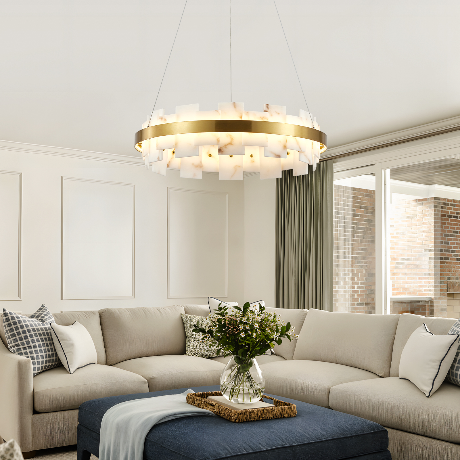Modern Alabaster Linear Chandelier, 20 Inch Round Adjustable Flushmount Ceiling Light Fixture for Living Room, Over Table, Bedroom, Hallway, Entryway - Image 4