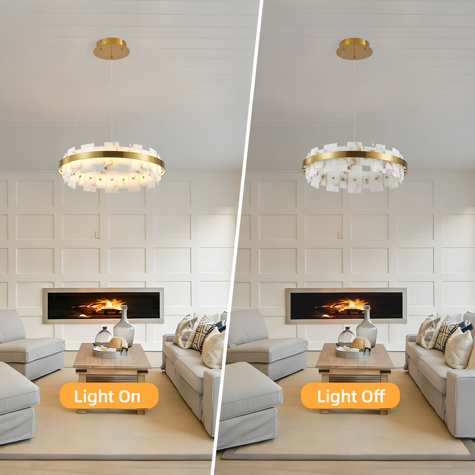 Modern Alabaster Linear Chandelier, 20 Inch Round Adjustable Flushmount Ceiling Light Fixture for Living Room, Over Table, Bedroom, Hallway, Entryway - Image 5