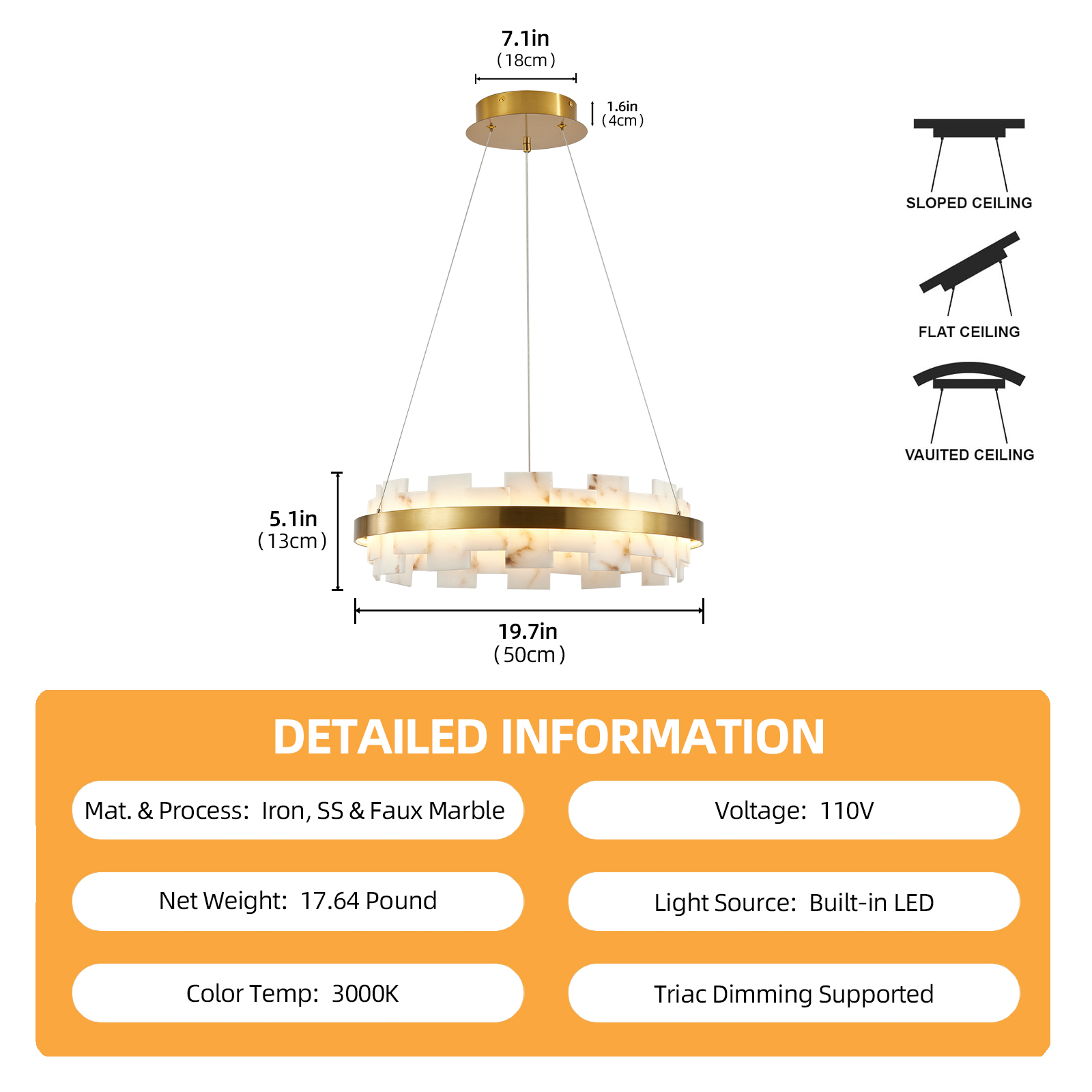 Modern Alabaster Linear Chandelier, 20 Inch Round Adjustable Flushmount Ceiling Light Fixture for Living Room, Over Table, Bedroom, Hallway, Entryway - Image 6