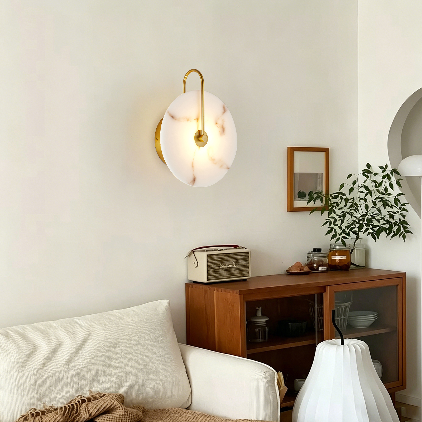 Round Alabaster Wall Sconce, Natural Marble Lampshade Wall Sconce, Hardwired Circular Sconce LED Modern Wall Lamp for Bedroom, Stairs, Living Room, Bedside, Hallway 9.8 Inch Gold - Image 2
