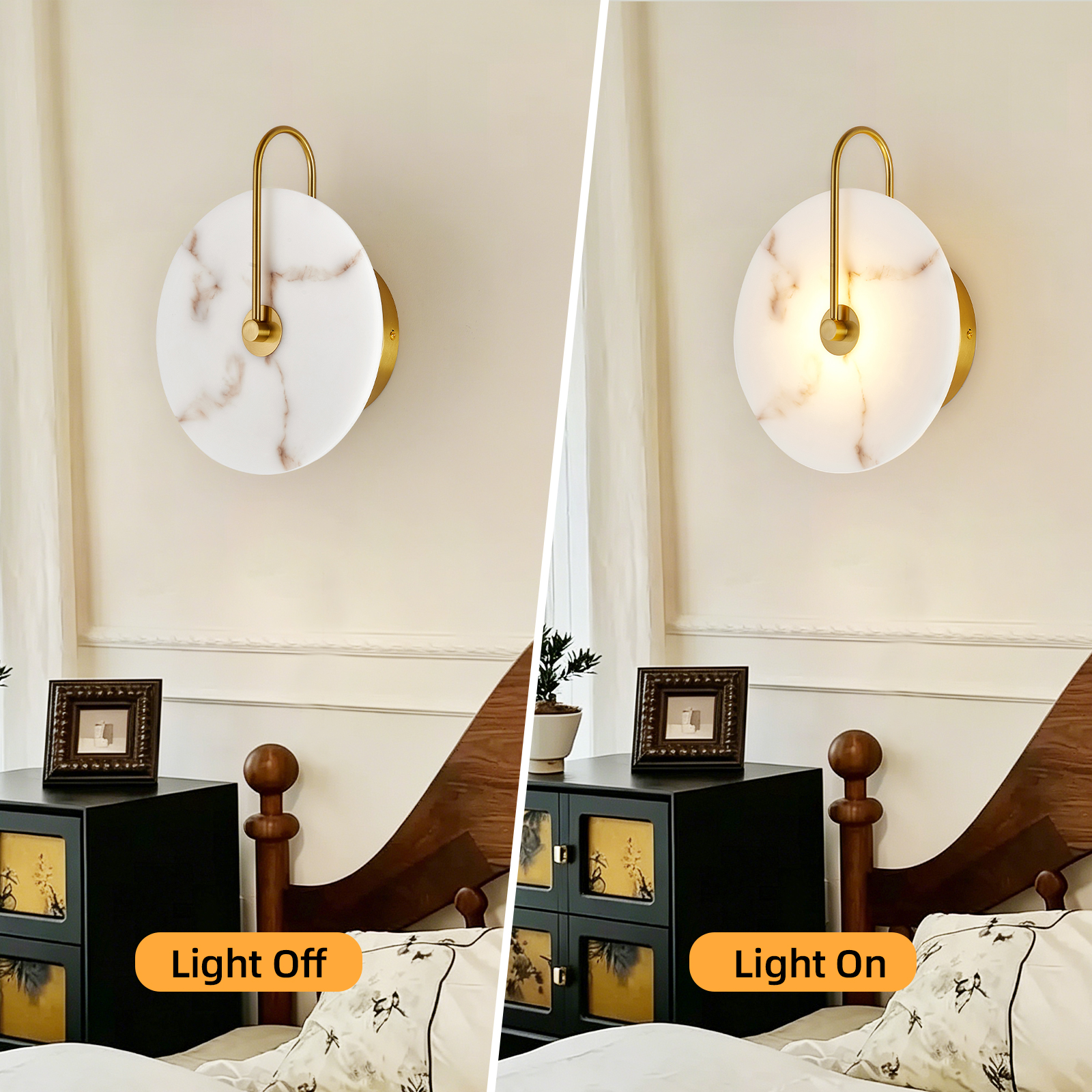 Round Alabaster Wall Sconce, Natural Marble Lampshade Wall Sconce, Hardwired Circular Sconce LED Modern Wall Lamp for Bedroom, Stairs, Living Room, Bedside, Hallway 9.8 Inch Gold - Image 3