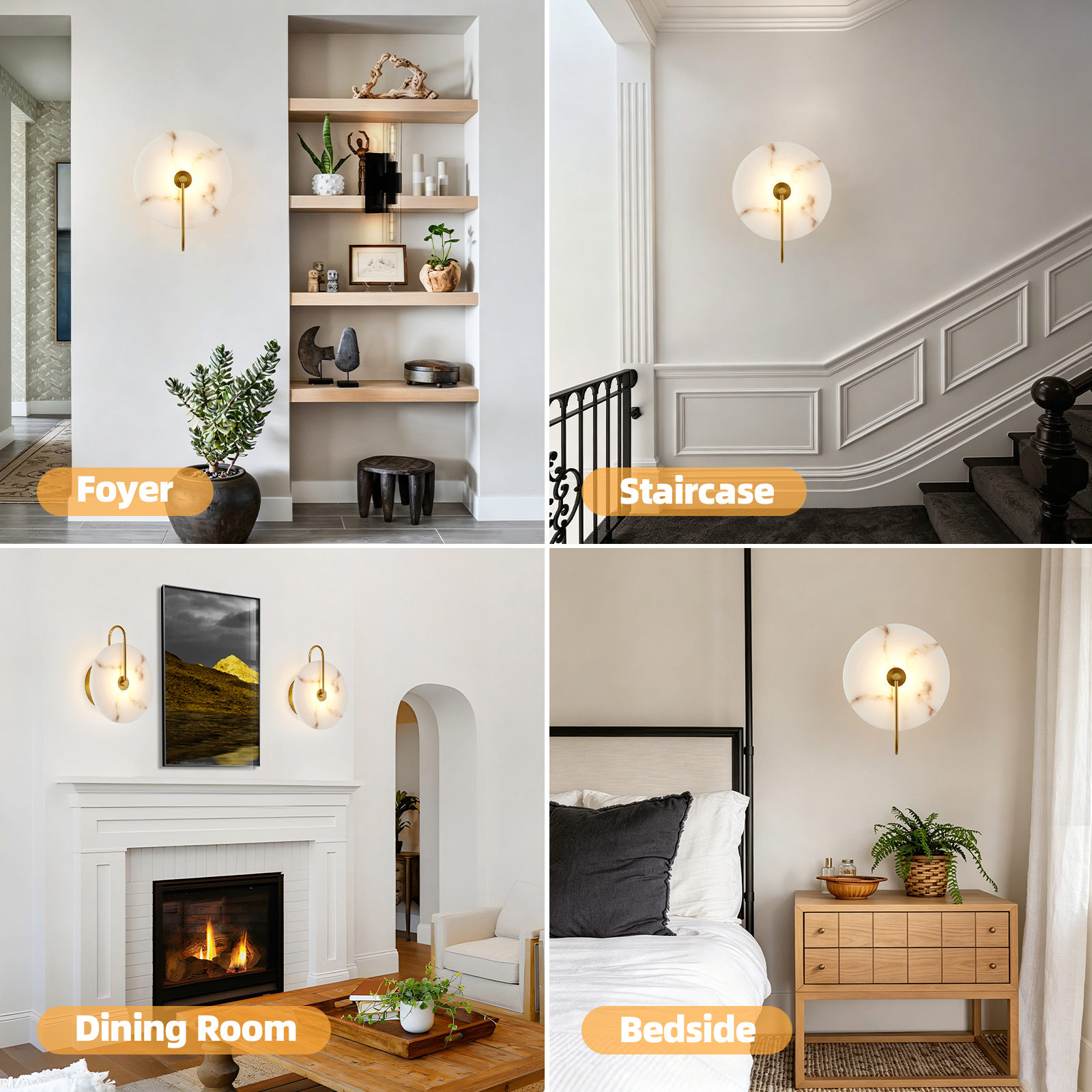 Round Alabaster Wall Sconce, Natural Marble Lampshade Wall Sconce, Hardwired Circular Sconce LED Modern Wall Lamp for Bedroom, Stairs, Living Room, Bedside, Hallway 9.8 Inch Gold - Image 5
