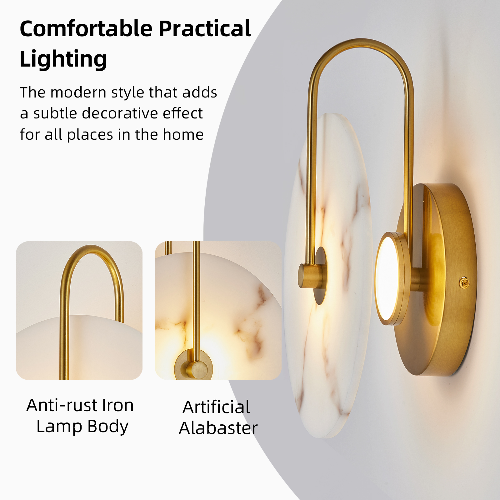 Round Alabaster Wall Sconce, Natural Marble Lampshade Wall Sconce, Hardwired Circular Sconce LED Modern Wall Lamp for Bedroom, Stairs, Living Room, Bedside, Hallway 9.8 Inch Gold - Image 4