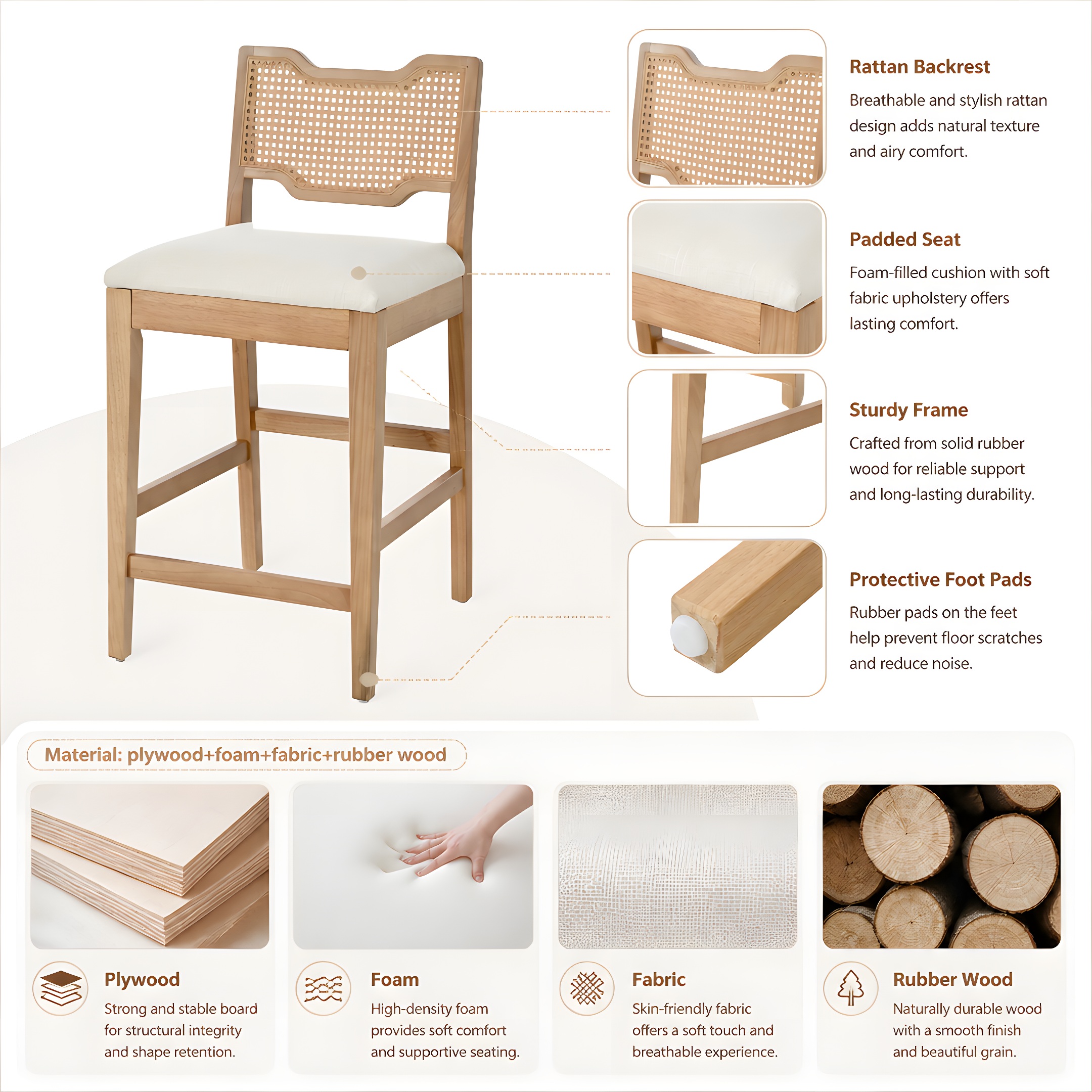 28" Farmhouse Barstools Set of 2,Upholstered Armless Iron Counter Stools with Natural Rattan Backrest for Kitchen Dining Island Table,Beige - Image 2