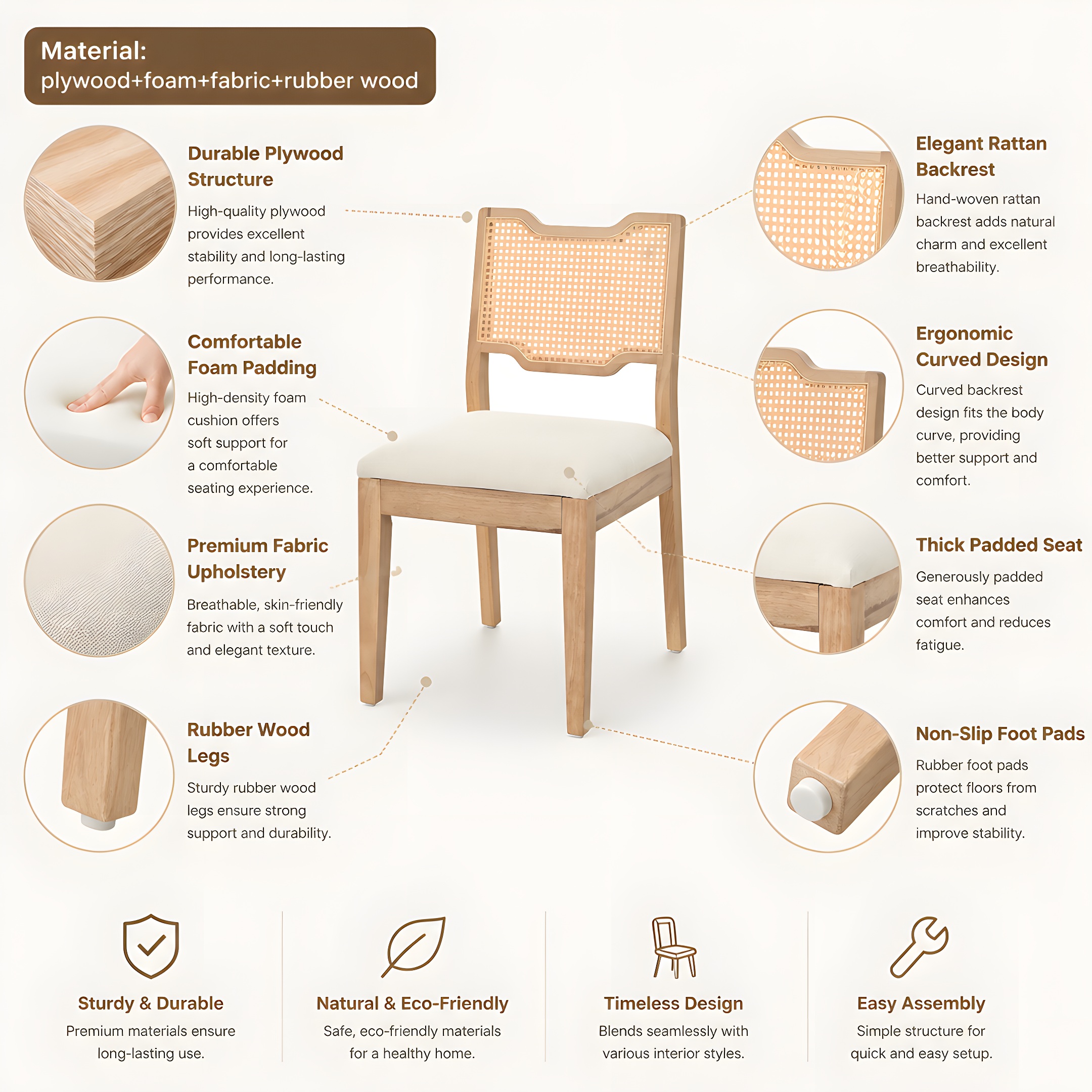 28" Farmhouse Barstools Set of 2,Upholstered Armless Iron Counter Stools with Natural Rattan Backrest for Kitchen Dining Island Table,Walnut+Beige - Image 2